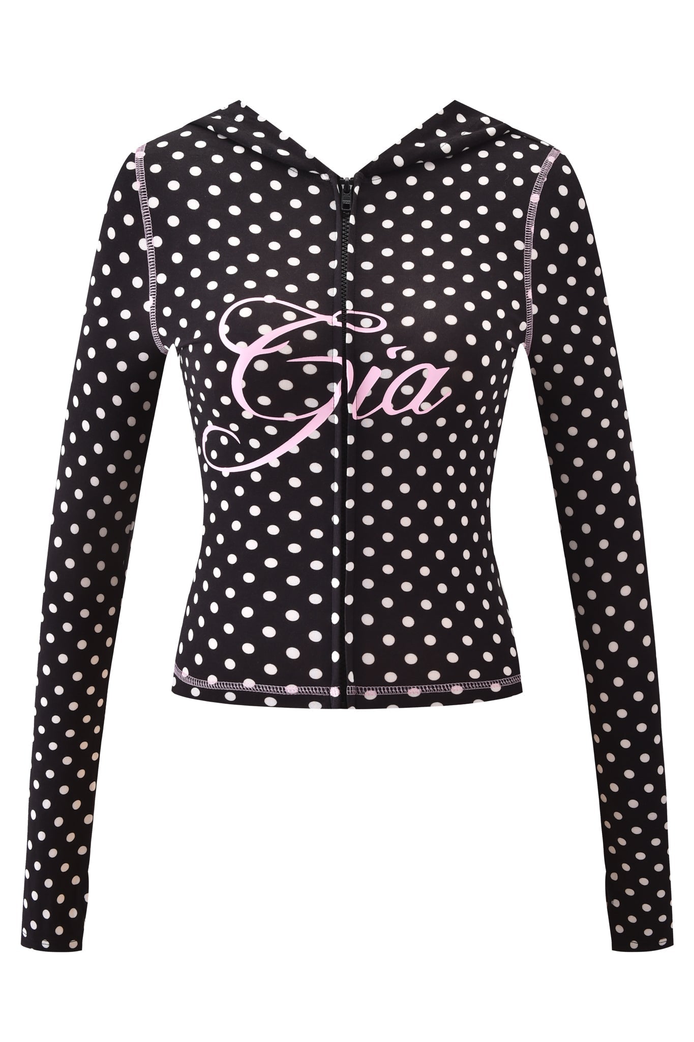 The BLARE HOODIE - BLACK POLKA DOT by I.AM.GIA is a black zip-up, long-sleeve hoodie featuring white polka dots, pink stitching, and "Gia" in bold pink script across the chest.
