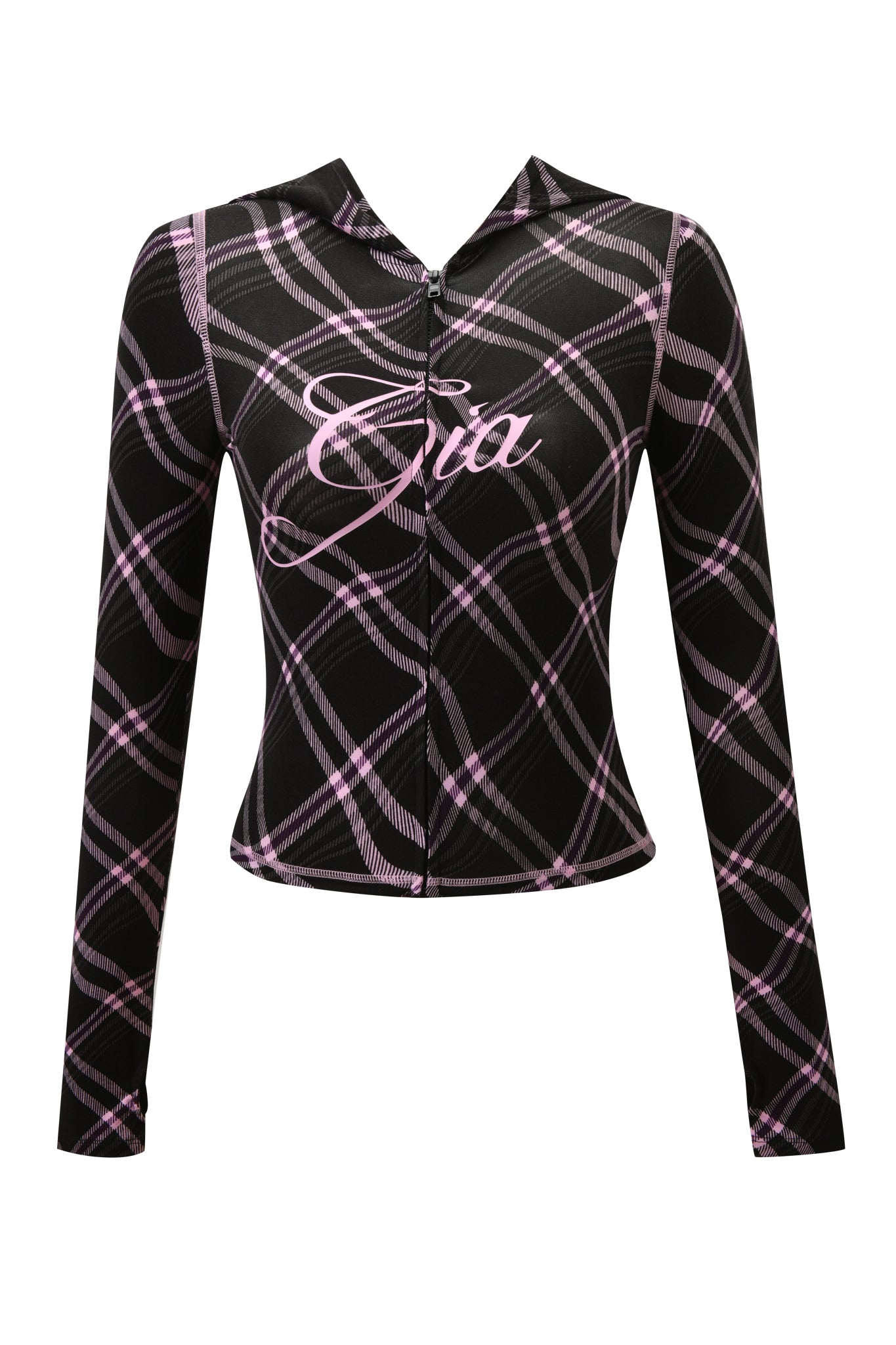 The BLARE HOODIE - BLACK WARPED PLAID by I.AM.GIA offers an edgy update to the classic women’s hoodie, featuring a fitted mesh design in black with a warped plaid pattern and "Eita" cursive detail across the chest.