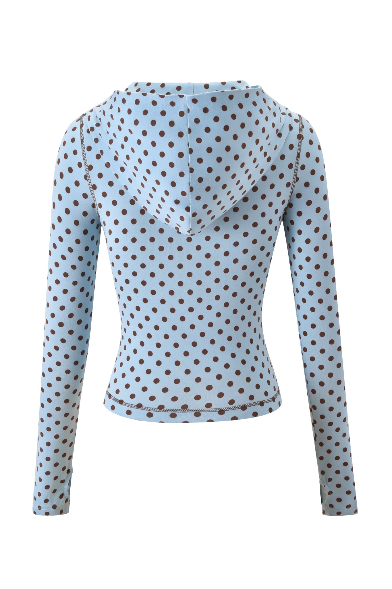 The BLARE HOODIE - BLUE POLKA DOT by I.AM.GIA is shown from the back, featuring a fitted silhouette, long sleeves, and brown polka dots on light blue bamboo fabric with visible seam stitching.