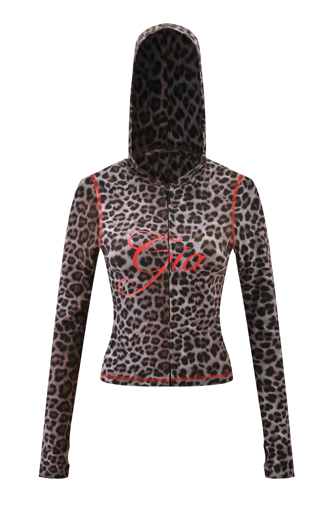 The BLARE HOODIE - DARK LEOPARD by I.AM.GIA is a fitted, long-sleeve hoodie with a bodycon silhouette, bold red "Gia" script on the chest, and an allover dark leopard print.
