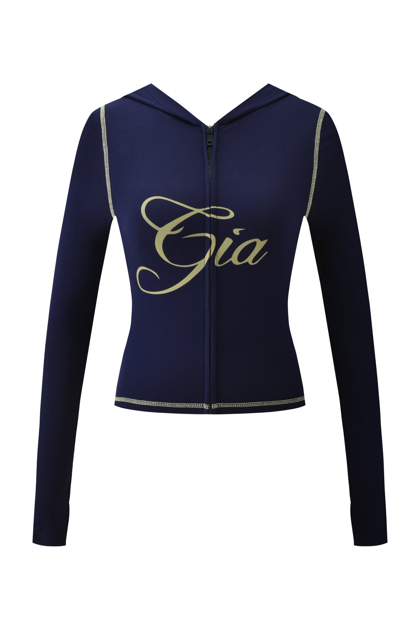 Introducing the BLARE HOODIE - NAVY by I.AM.GIA: a bodycon-fit navy hoodie with long sleeves, white contrast stitching, and bold gold "Gia" script across the chest.