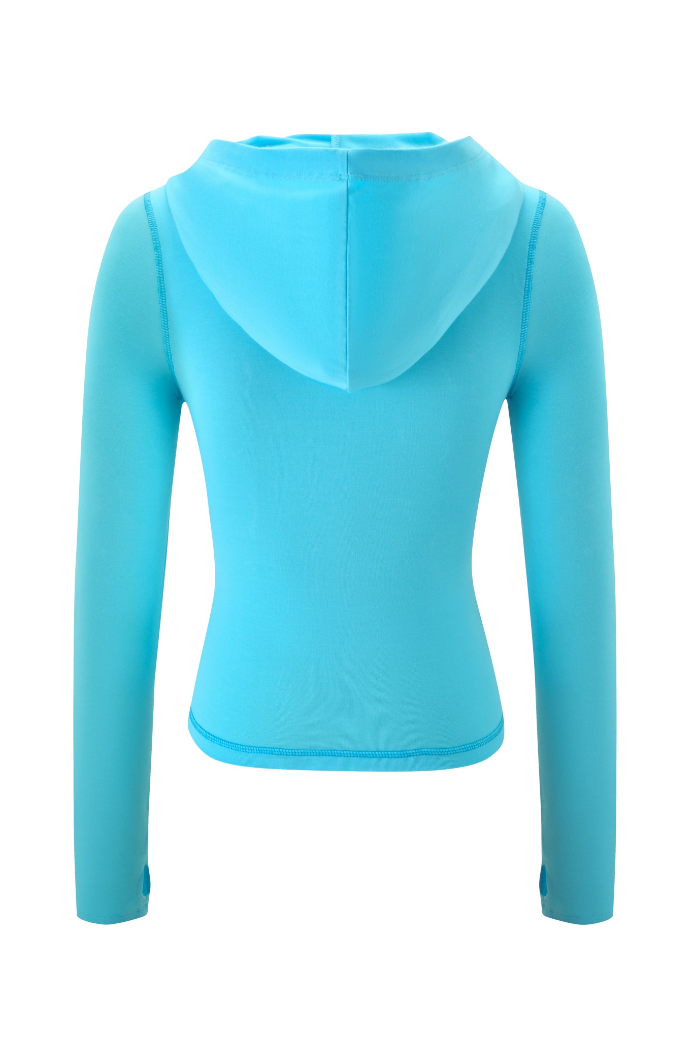 The BLARE HOODIE - NEON BLUE by I.AM.GIA is shown from the back, featuring long sleeves and a bodycon fit, set against a white background.