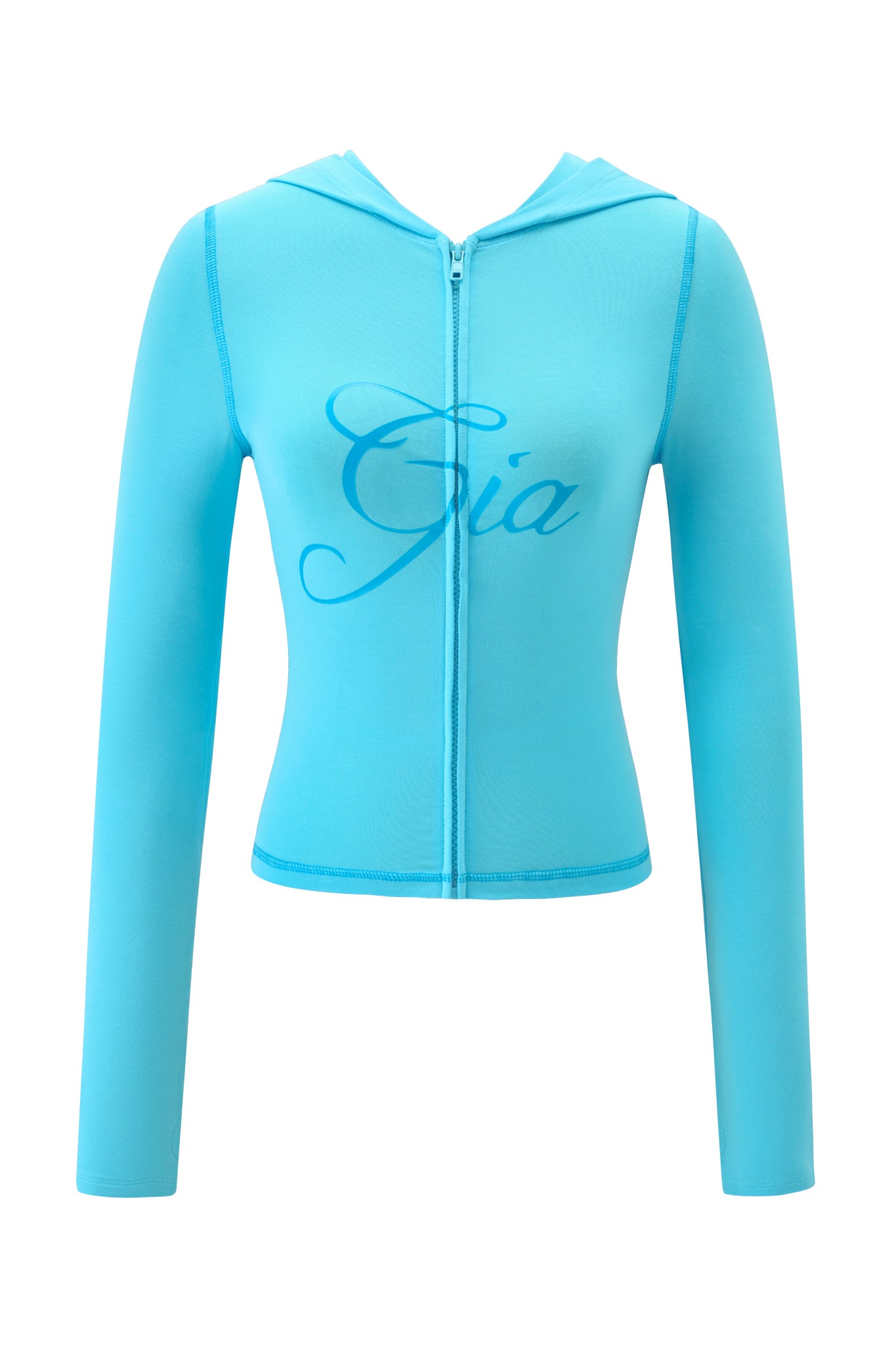 The BLARE HOODIE by I.AM.GIA is a neon blue, long-sleeved mesh zip-up top with a chic bodycon fit and “Gia” in bold script across the chest.