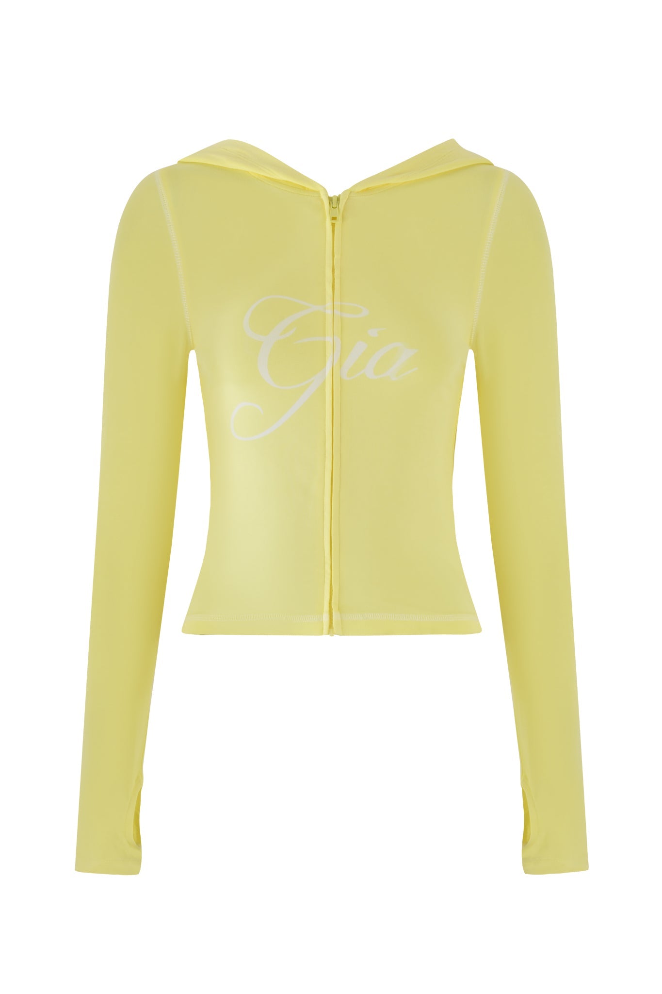 The Blare Hoodie in pale yellow, by I.AM.GIA, is a bamboo fabric jacket with a front zipper and long sleeves. "Gia" is printed in white script across the chest.