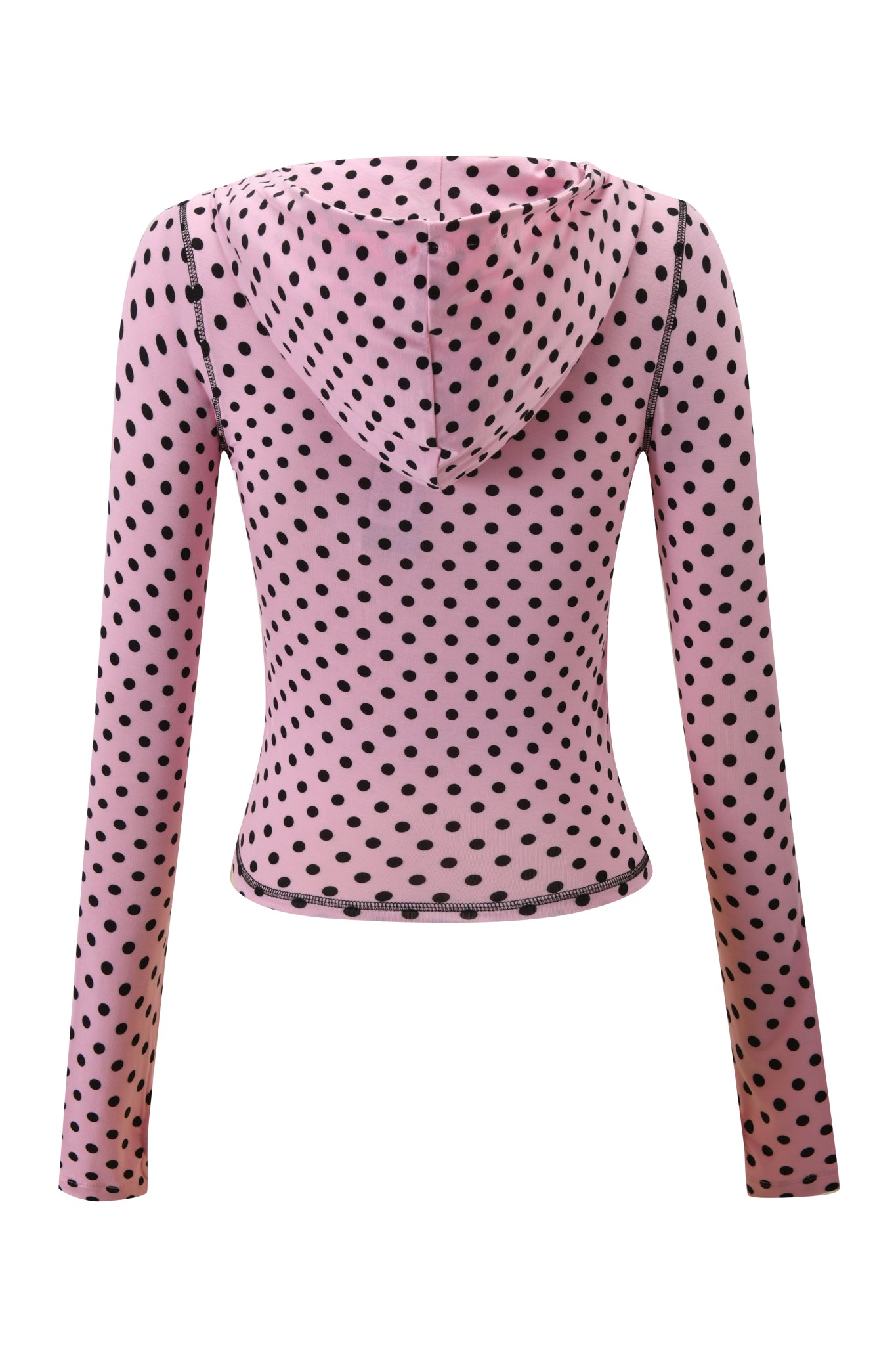 The BLARE HOODIE - PINK POLKA DOT by I.AM.GIA features a long-sleeved, fitted design in pink bamboo fabric with black polka dots, black stitching, a hood, and no visible logos or graphics, shown from the back.
