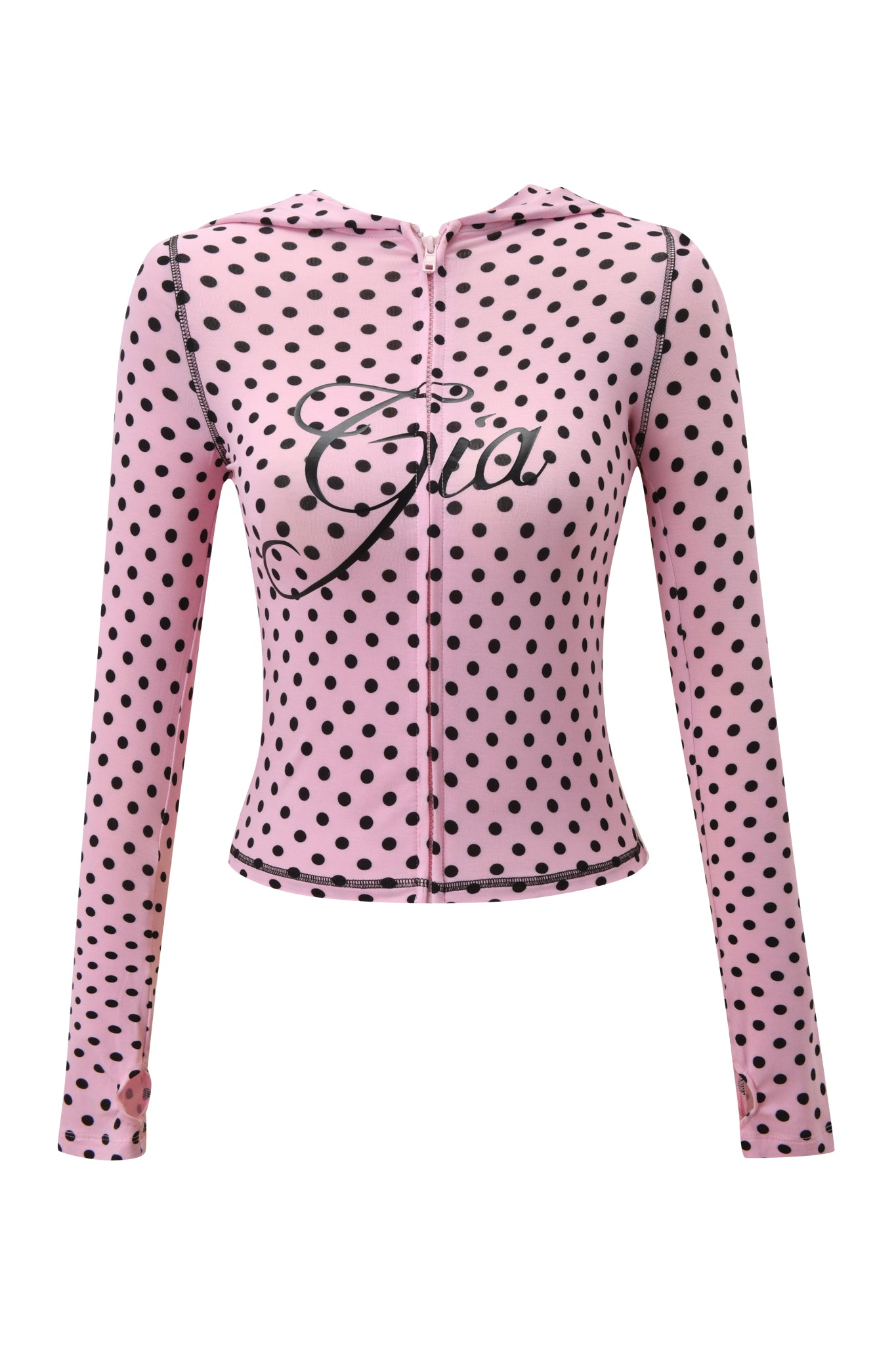 The BLARE HOODIE by I.AM.GIA is a pink polka dot, long-sleeved fitted hoodie with black stitched seams, a front zipper, and "Gia" in cursive across the chest.