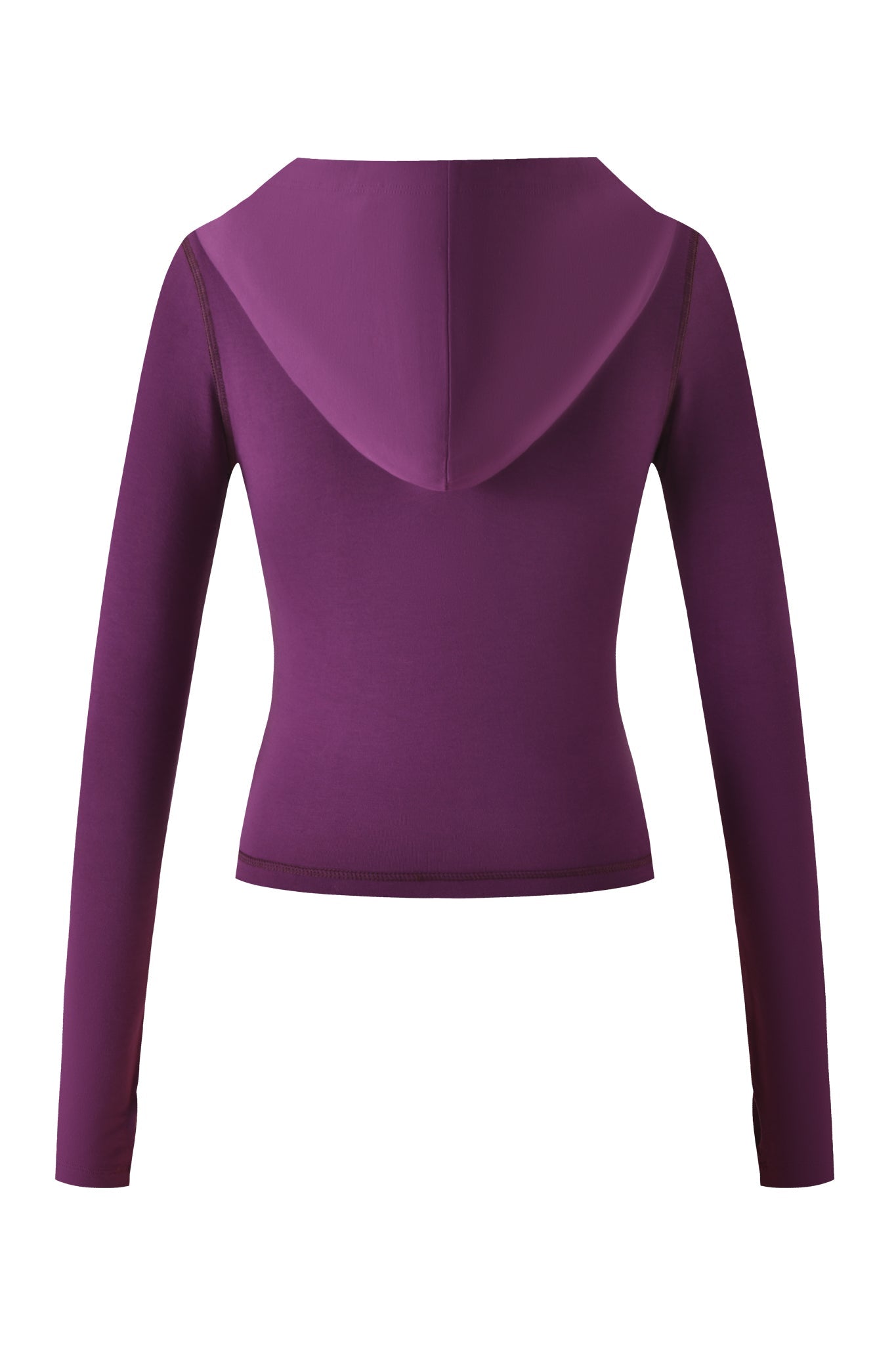 The BLARE HOODIE - PLUM by I.AM.GIA is a long-sleeve, fitted purple hoodie shown from the back on a white background, featuring a sleek, minimalist design with no visible patterns or logos.