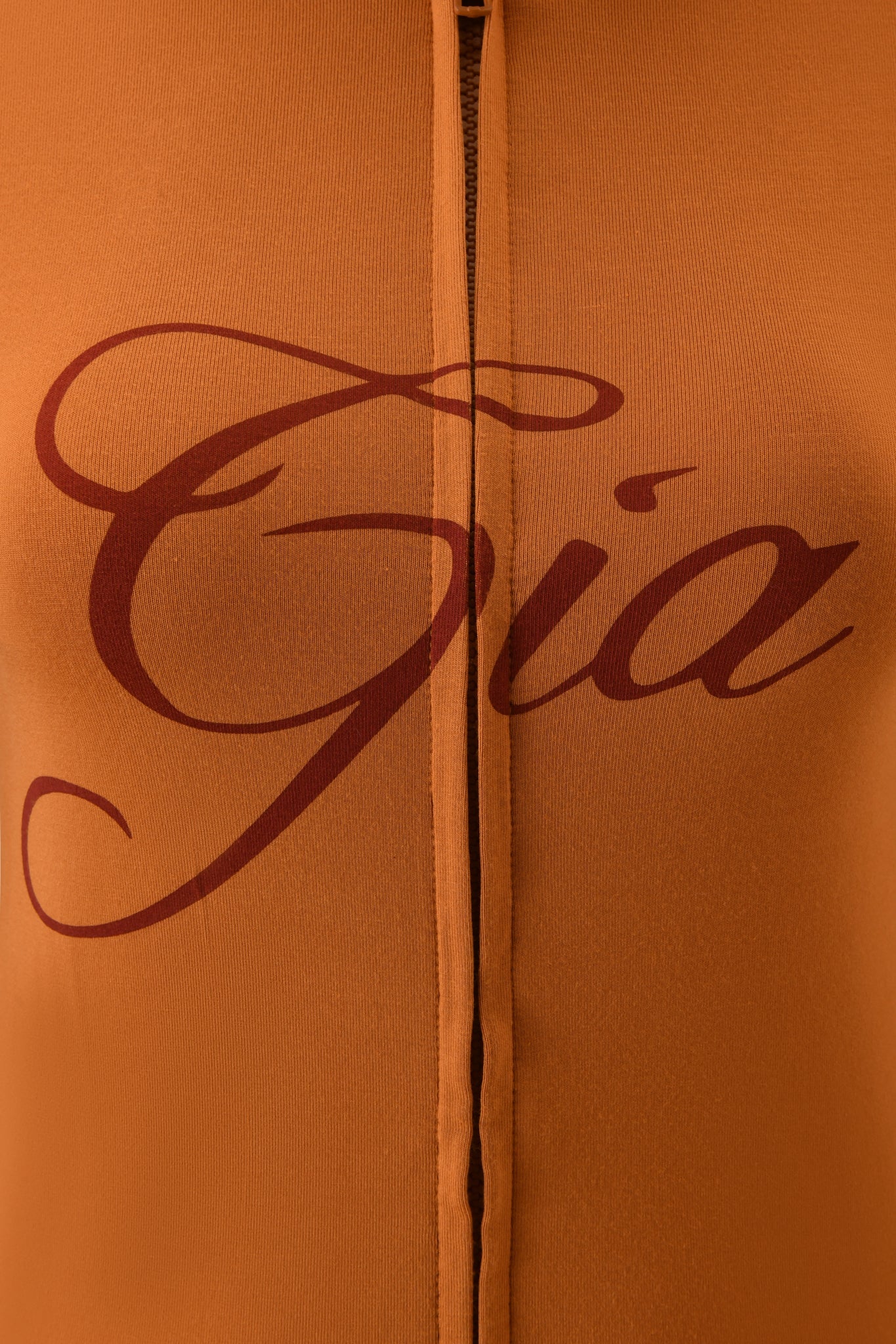 Close-up of brown fabric with a vertical seam and "I.AM.GIA" in bold, dark red script across the center, evoking the cozy vibe of the BLARE HOODIE - PUMPKIN by I.AM.GIA.