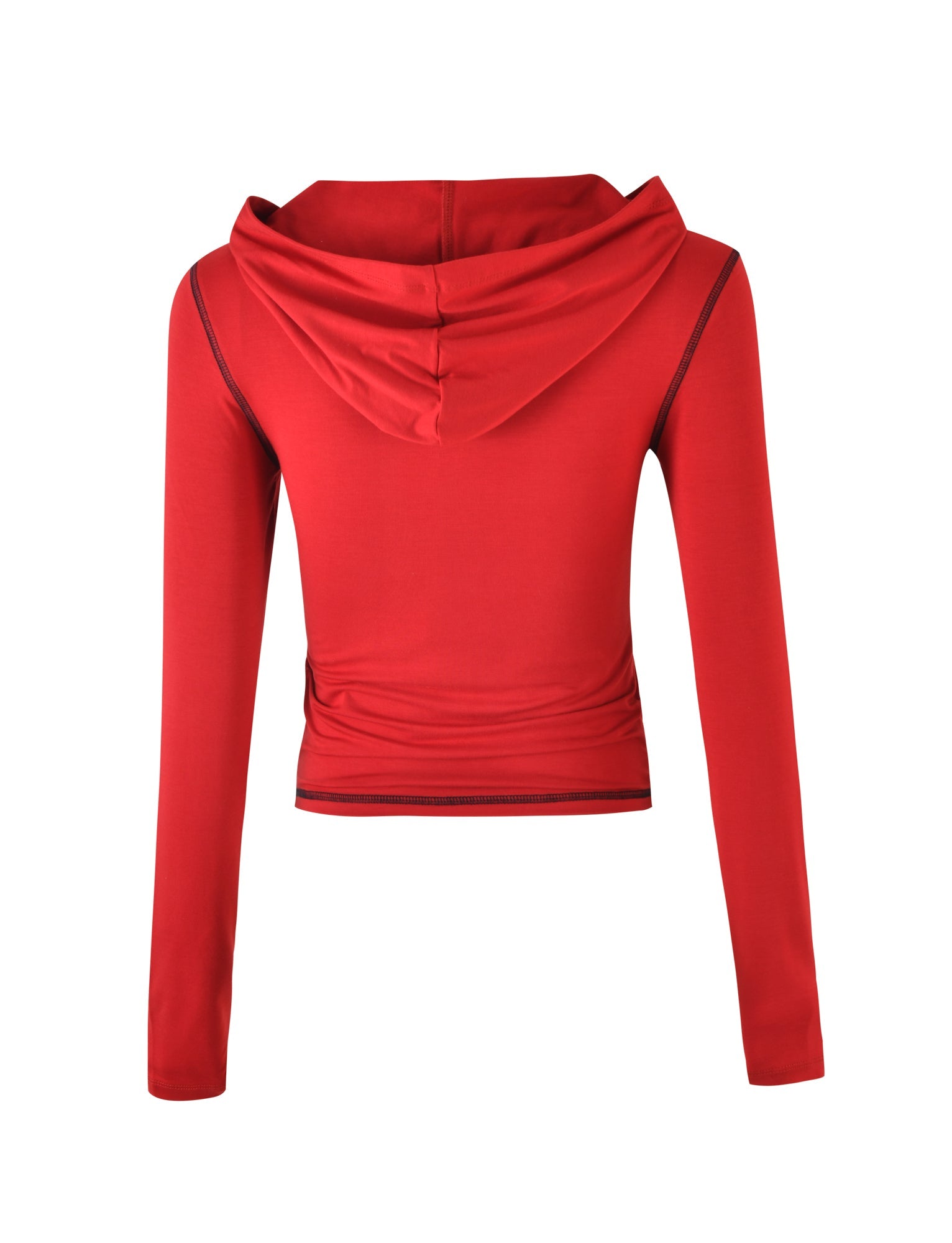 A back view of the BLARE HOODIE - RED, a long-sleeve cropped hoodie by I.AM.GIA. The hoodie features a hood and has a fitted design with visible stitching, made from soft and stretchy material.