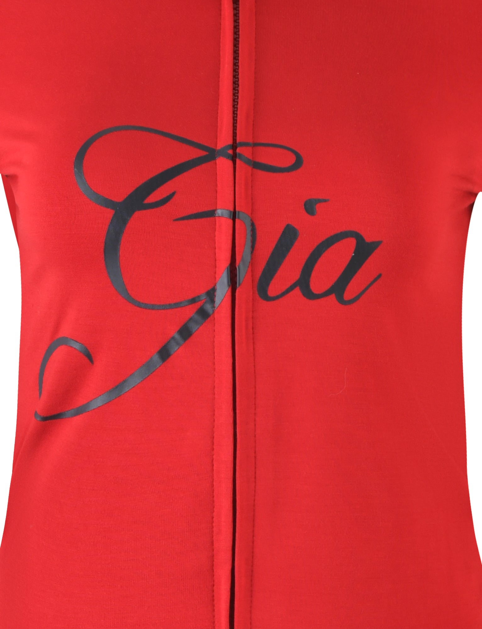 A close-up of a red fabric garment with the name "BLARE HOODIE - RED" printed in an elegant black cursive font across the chest. The zipper of the I.AM.GIA hoodie is partially visible, located in the center of the image.