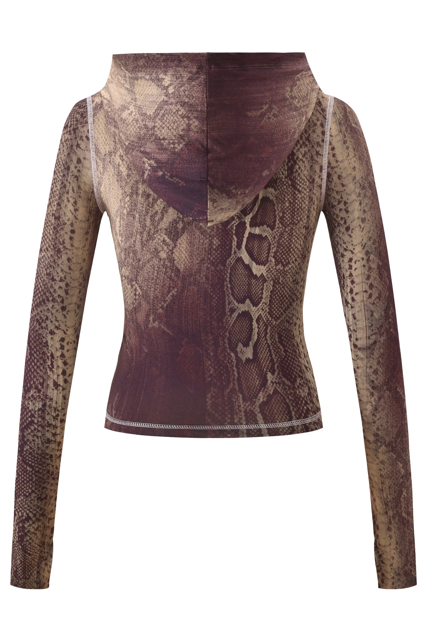 The I.AM.GIA BLARE HOODIE - SNAKE is a fitted, long-sleeve hoodie with a bold brown snake print, central seam, and visible white stitching on the hem and sleeves, shown from the back.