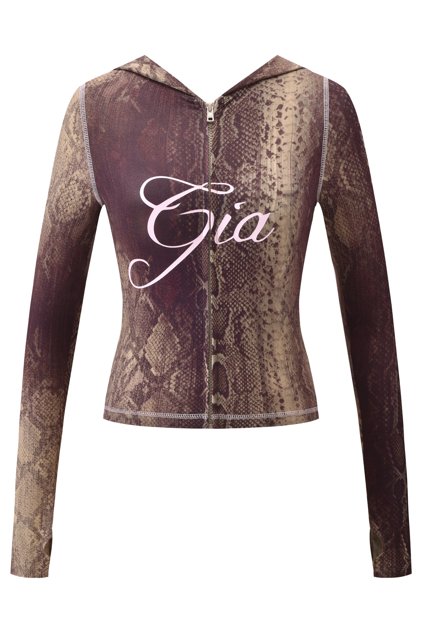 The BLARE HOODIE - SNAKE by I.AM.GIA is a long-sleeve, zip-up hoodie with a brown snake print and "Gia" in bold, cursive white letters across the chest.