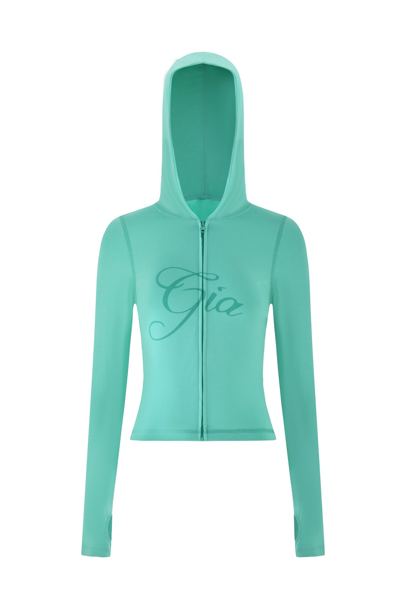 The BLARE HOODIE by I.AM.GIA, in a vibrant turquoise teal, showcases "Gia" in elegant cursive across the chest. This zip-up hoodie, featuring long sleeves and a bodycon silhouette, stands out against a plain white backdrop.