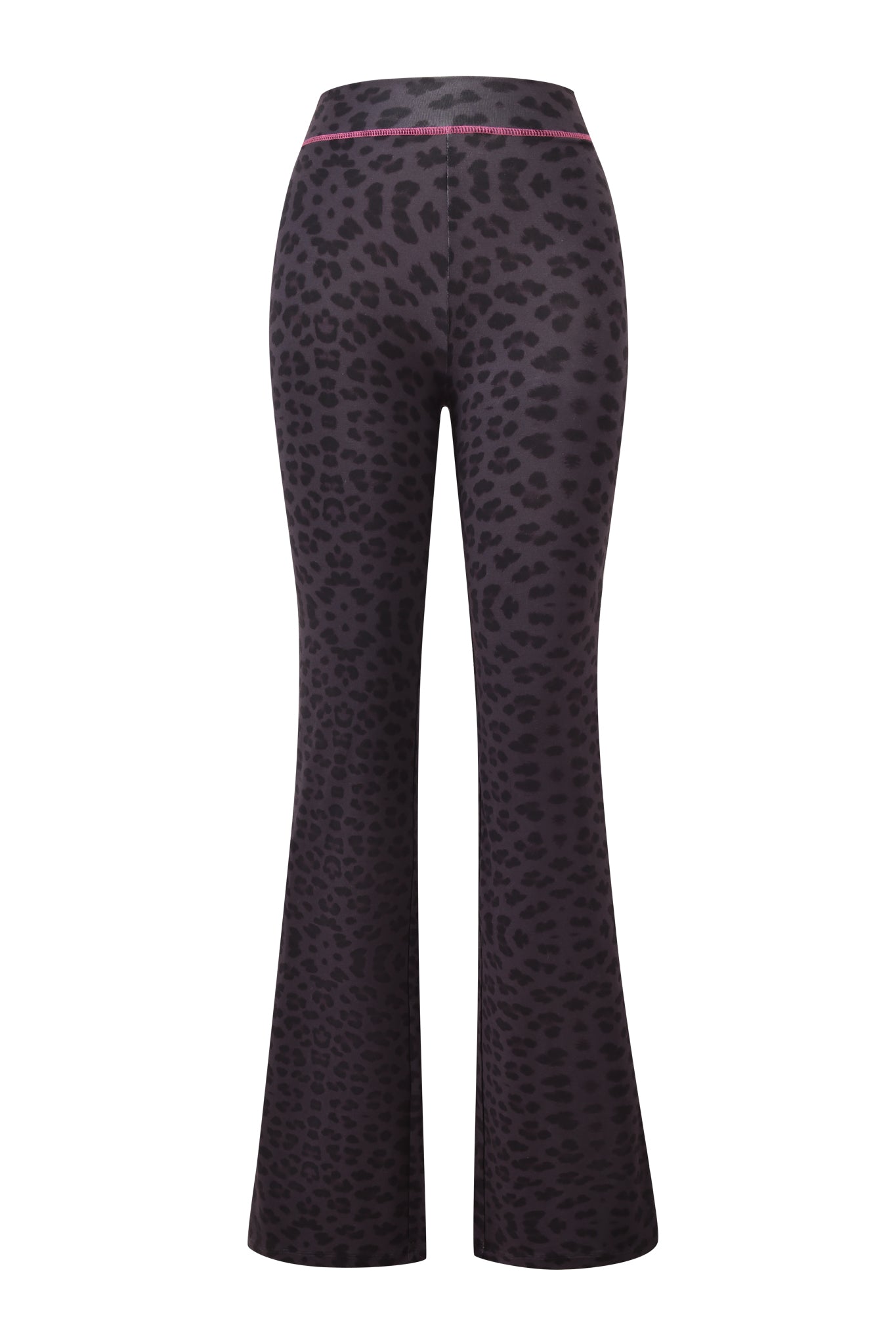 The I.AM.GIA BLARE TRACKPANT - PANTHER features a high-waisted, flared fit with black and dark gray panther print, a pink waistband detail, and stretchy bamboo fabric for comfort through hips and thighs.