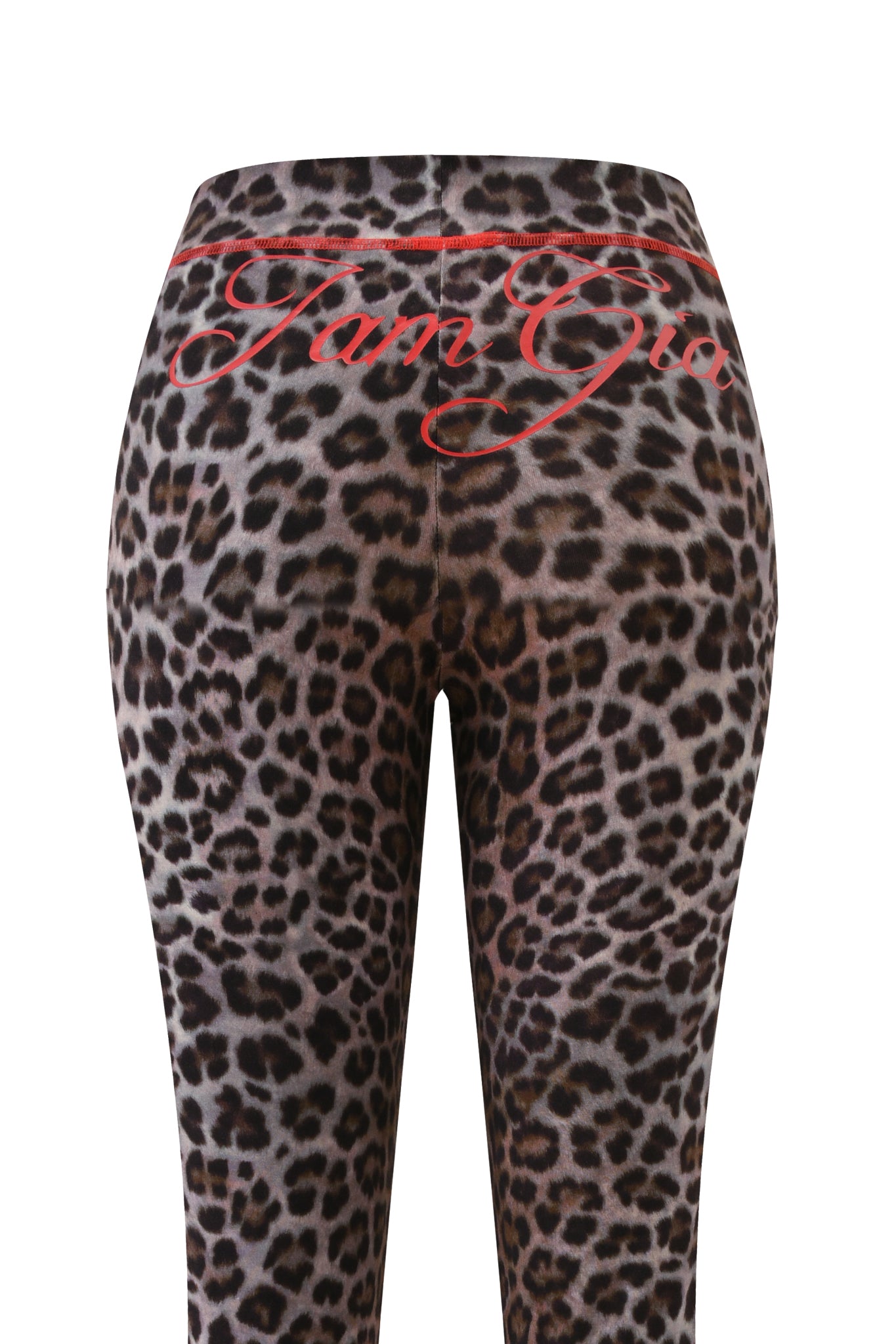 Back view of BLARE TRACKPANT - DARK LEOPARD by I.AM.GIA, showcasing leopard-print leggings with a low-rise waist and "I.AM.GIA" in red cursive on the waistband.