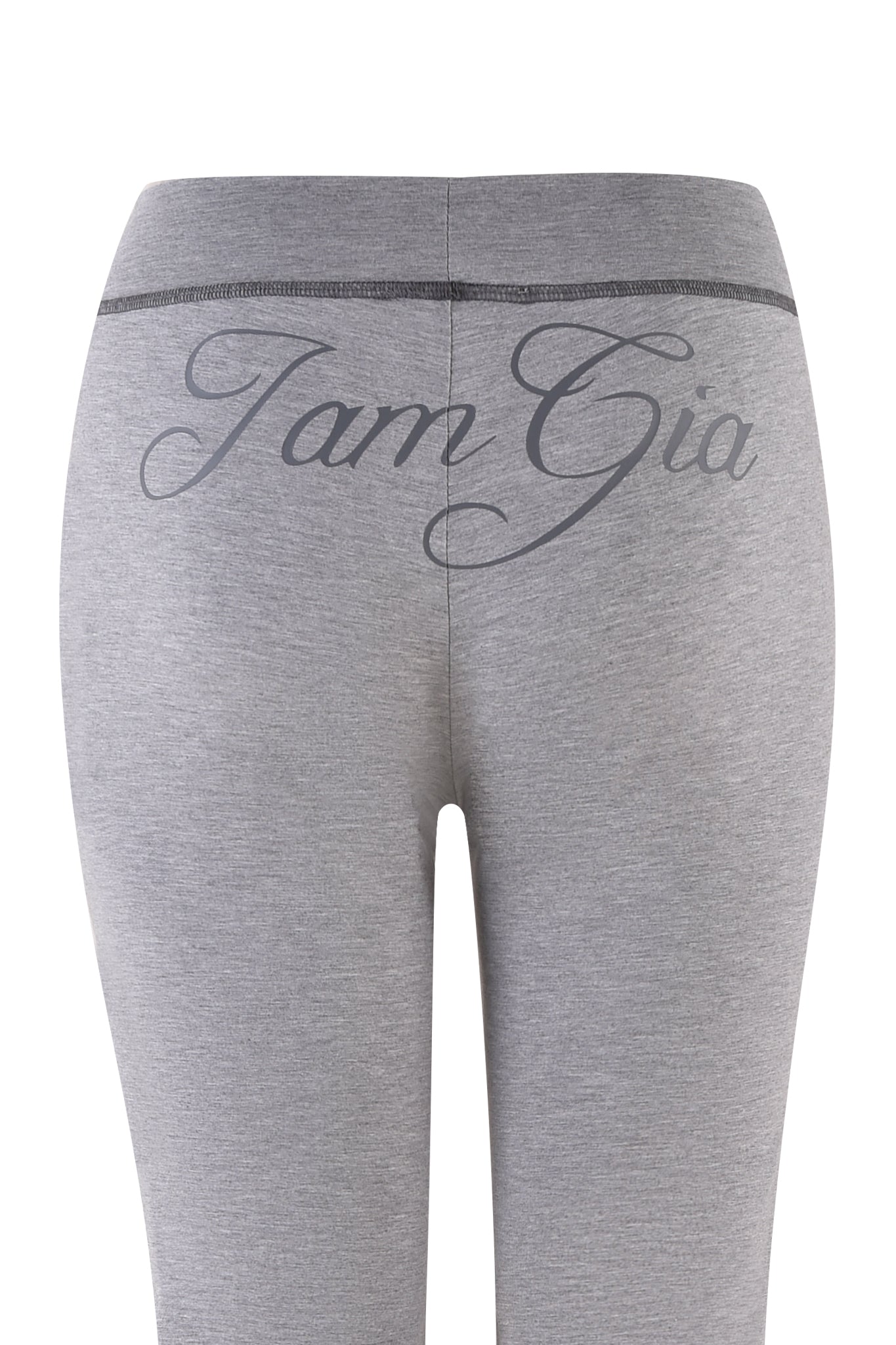 The BLARE JERSEY TRACKPANT in heather grey by I.AM.GIA is shown from the back, featuring bold "I.AM.GIA" script across the waistband and a trendy flared leg.