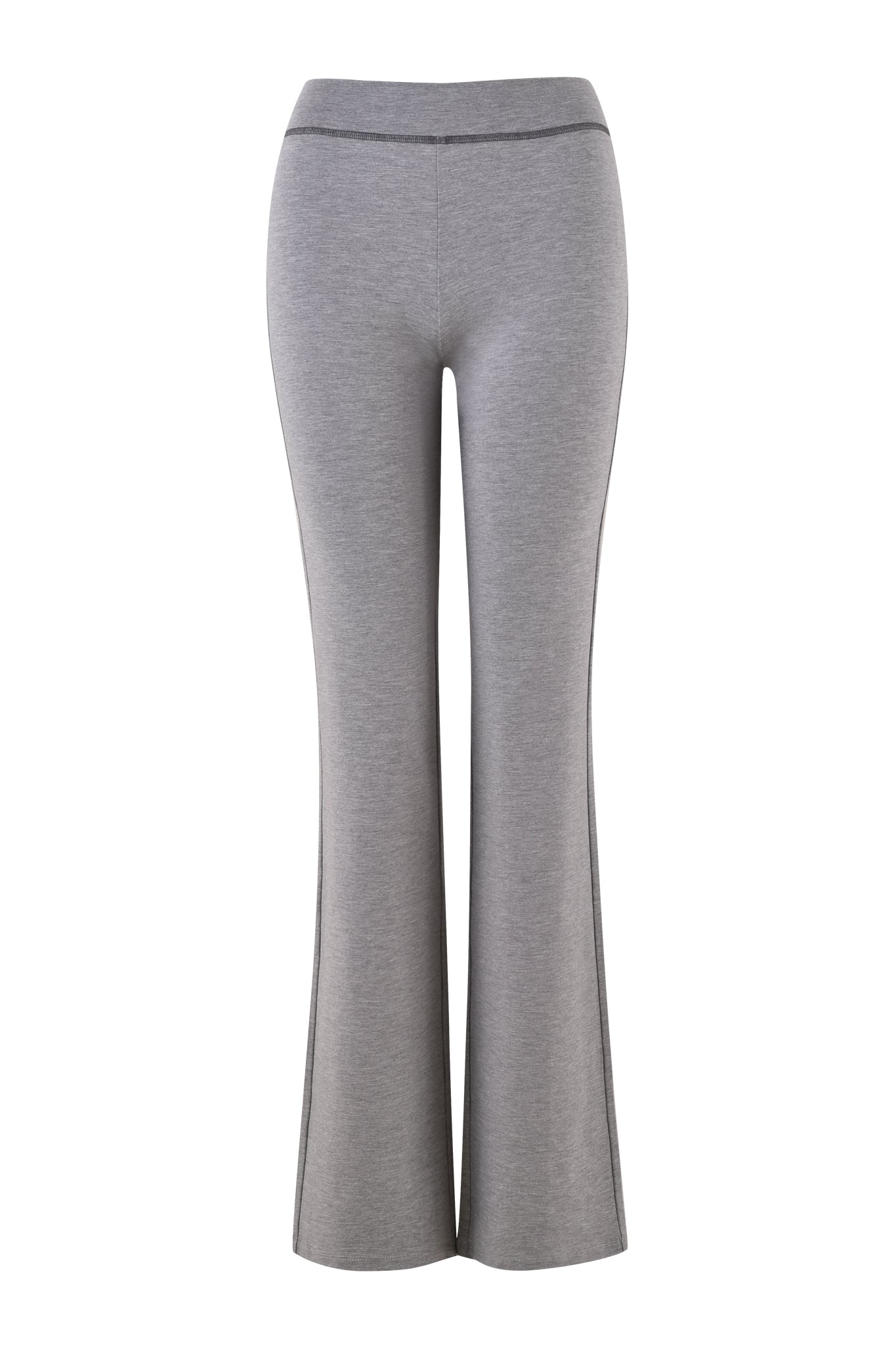 Front view of the I.AM.GIA BLARE JERSEY TRACKPANT in heather grey, featuring a high waist and flared leg, made from soft, stretchy fabric and shown on a white background.