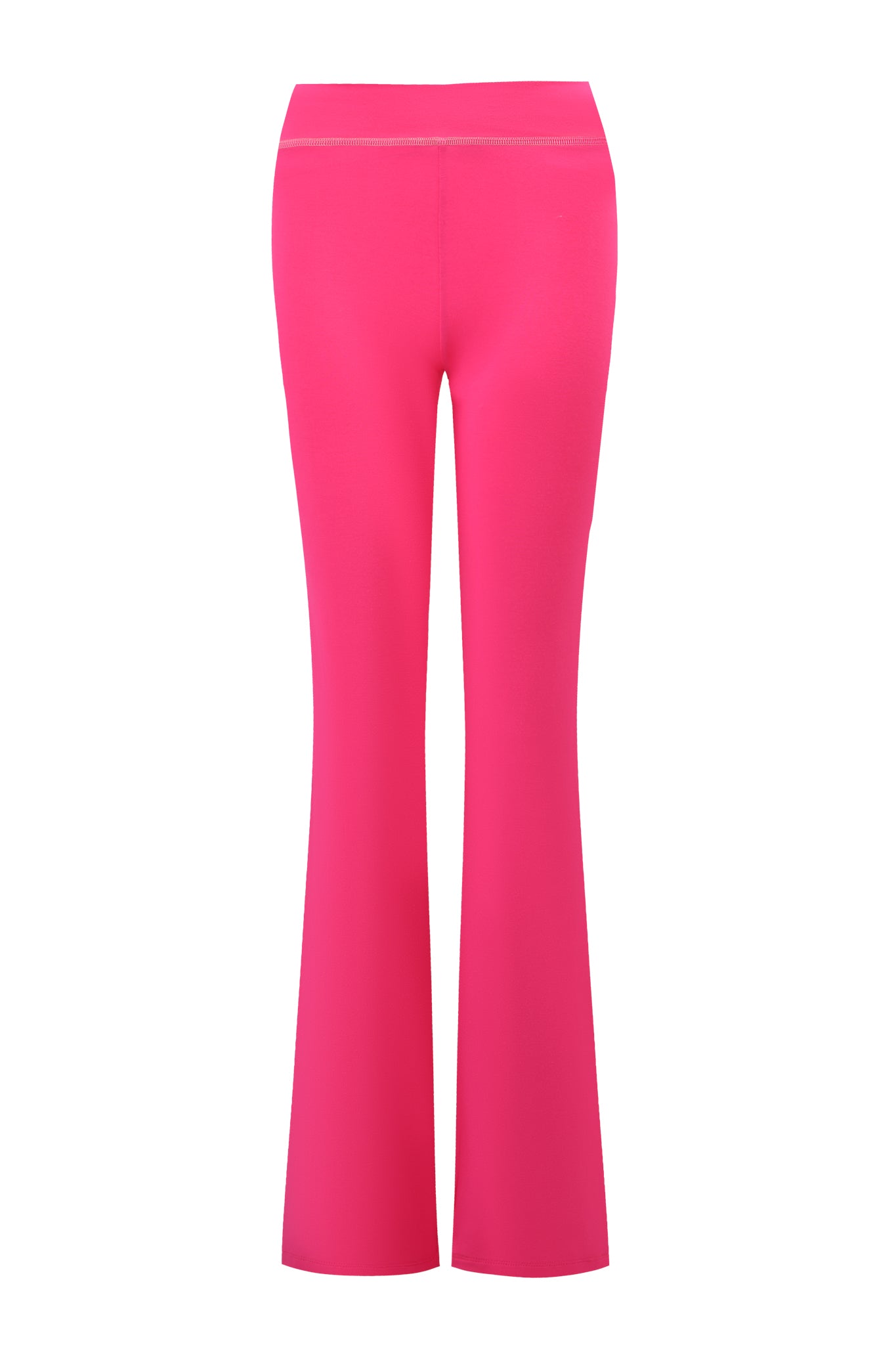 The BLARE TRACKPANT - HOT PINK by I.AM.GIA features a high-waisted design and seamless waistband, made from smooth, stretchy fabric. The flared pants stand out against a plain white background, showcasing their striking color from the back.