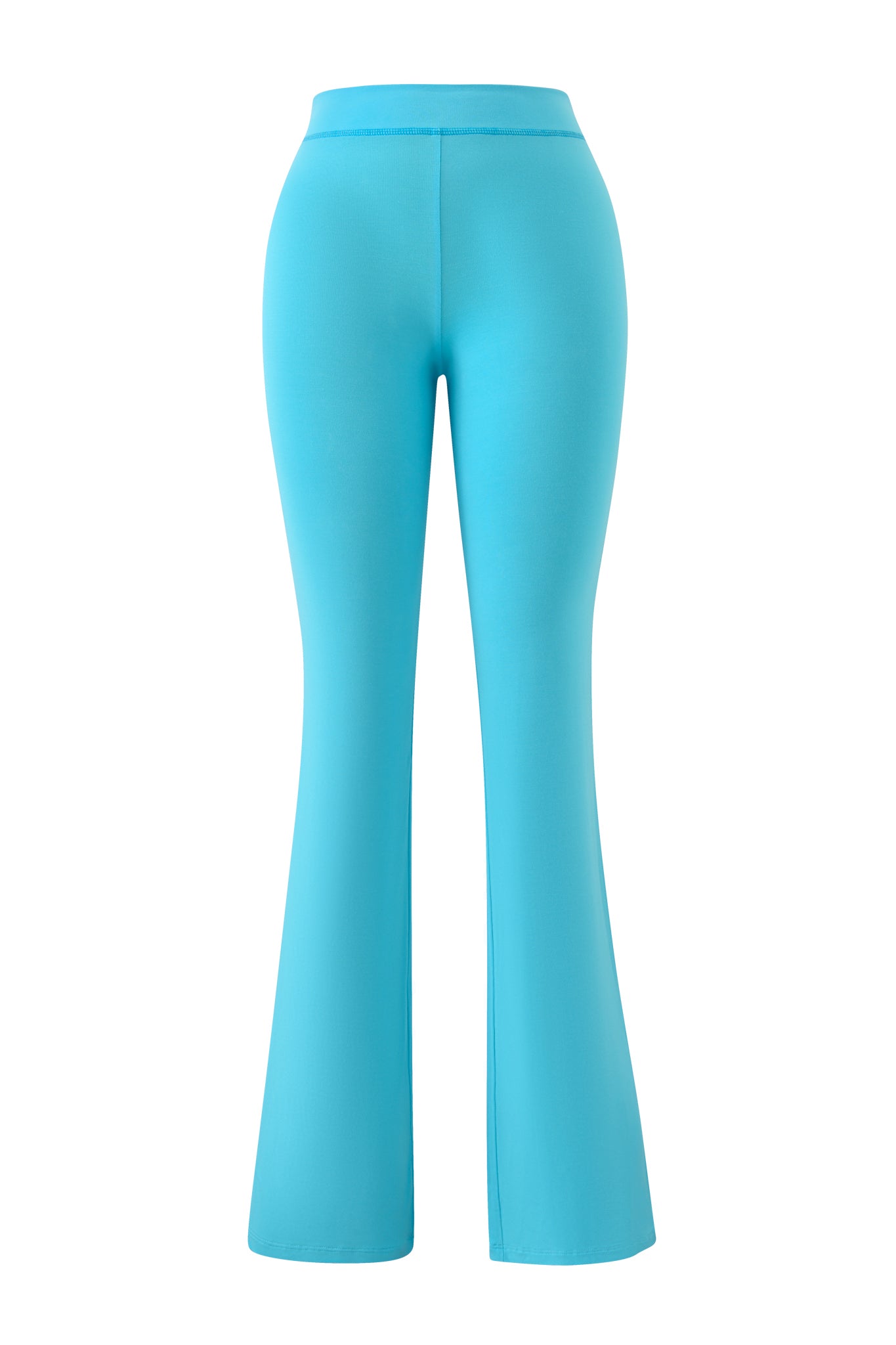The I.AM.GIA BLARE TRACKPANT in neon blue is shown from the back on a white background. It features a fitted, stretchy silhouette through hips and thighs, flaring at the legs, with subtle I.AM.GIA logo detailing.
