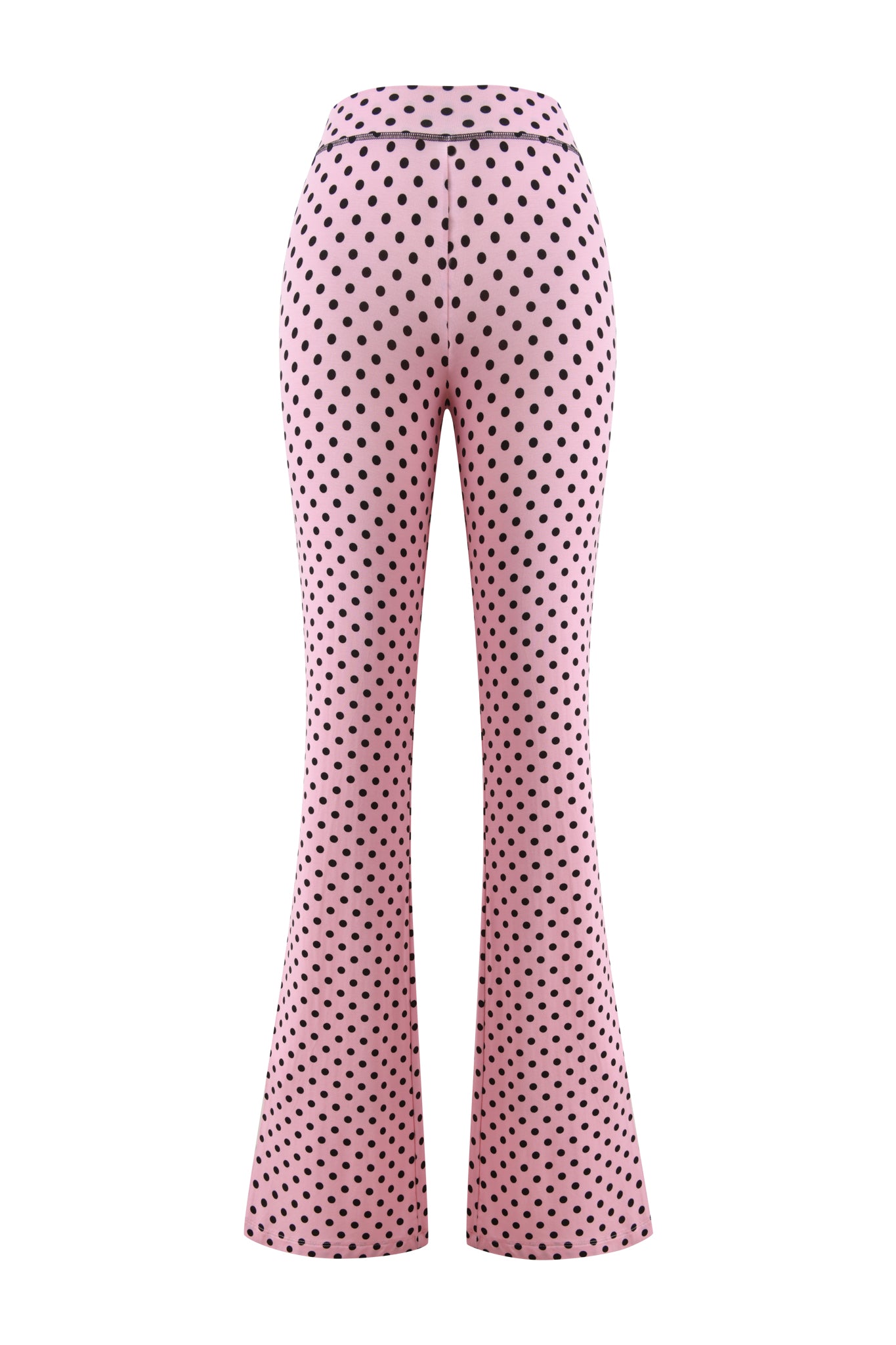The BLARE TRACKPANT - PINK POLKA DOT by I.AM.GIA features a high waist and black polka dots, fitted through the top with a flared leg from knee to hem, inspired by the original Blare Trackpant design.