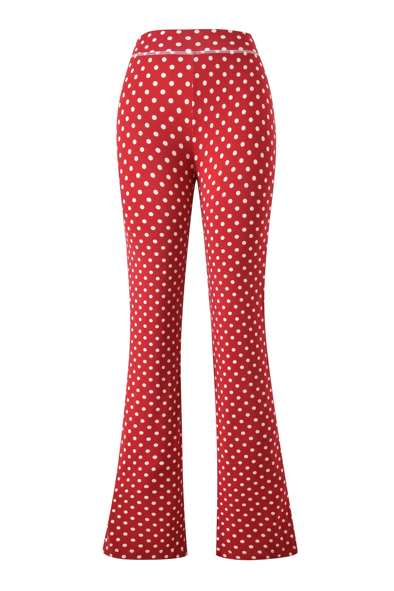 The I.AM.GIA BLARE TRACKPANT - RED POLKA DOT features a high waist and all-over white polka dot print, crafted from soft bamboo fabric. These vintage-inspired pants are shown on a plain white background.