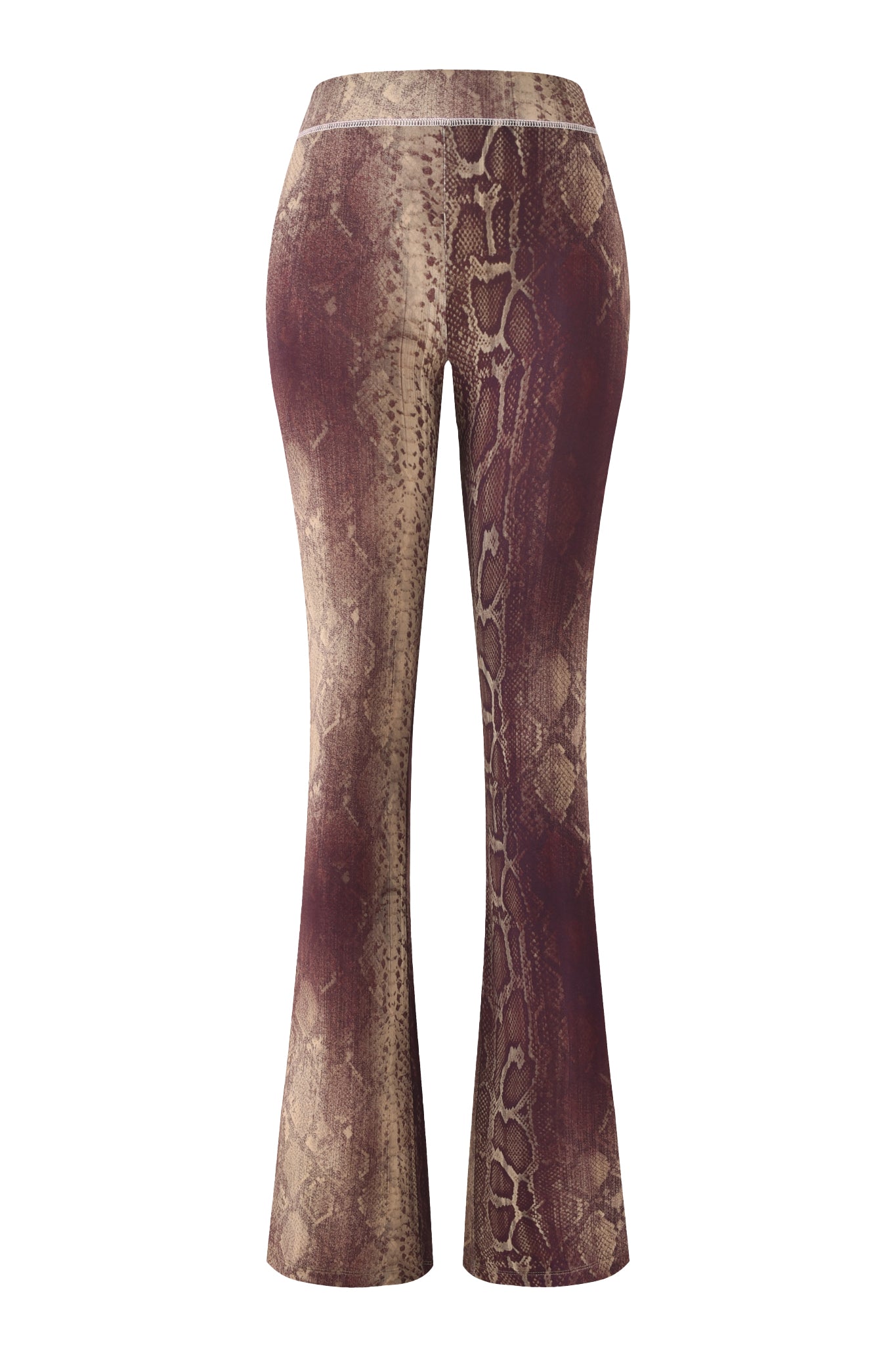 The I.AM.GIA BLARE TRACKPANT - SNAKE is a high-waisted trackpant featuring a bold brown and beige snake print, shown against a white background. The fabric has a realistic snakeskin pattern for stand-out style.