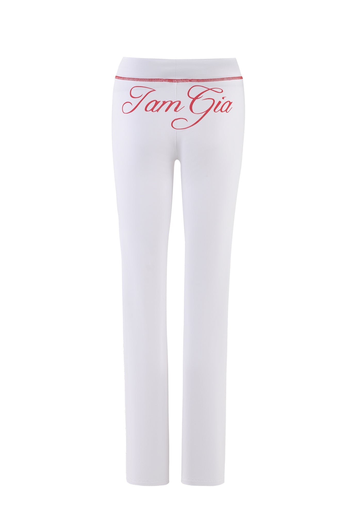 Introducing the BLARE TRACKPANT in white from I.AM.GIA, featuring sleek, fitted design and the red cursive text "Tam Già" across the waistband on the back. The background is plain white, showcasing I.AM.GIA’s signature style.
