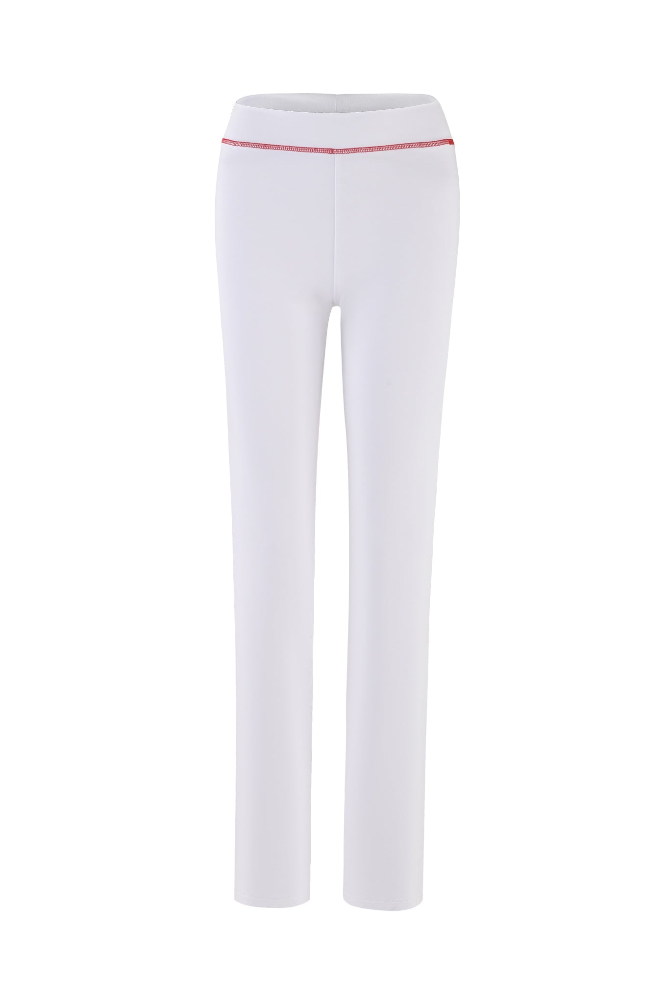 The BLARE TRACKPANT in white by I.AM.GIA features a slim fit design with a straight leg cut and a thin red waistband detail near the top. The smooth and stretchy fabric ensures a comfortable fit, while the white color provides a clean, classic look.
