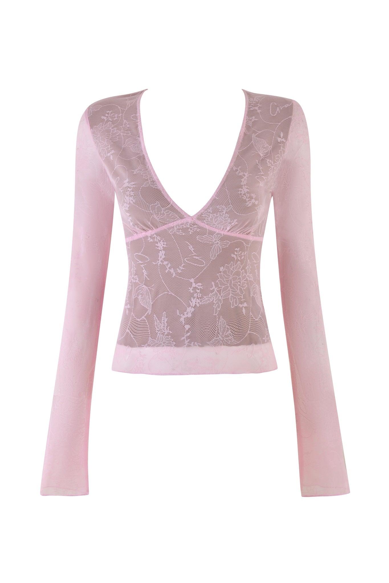 The YVETTE TOP in baby pink by I.AM.GIA features long sleeves, a deep V-neckline, and a delicate floral lace overlay.