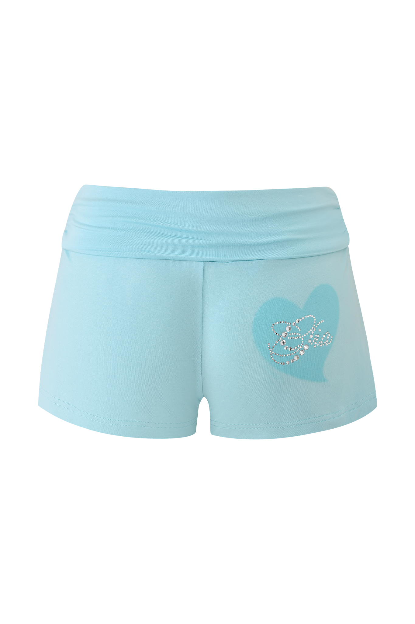 The I.AM.GIA ERIN SHORT - AQUA features a wide waistband and a blue heart with a diamanté "Elle" logo on the front right side.