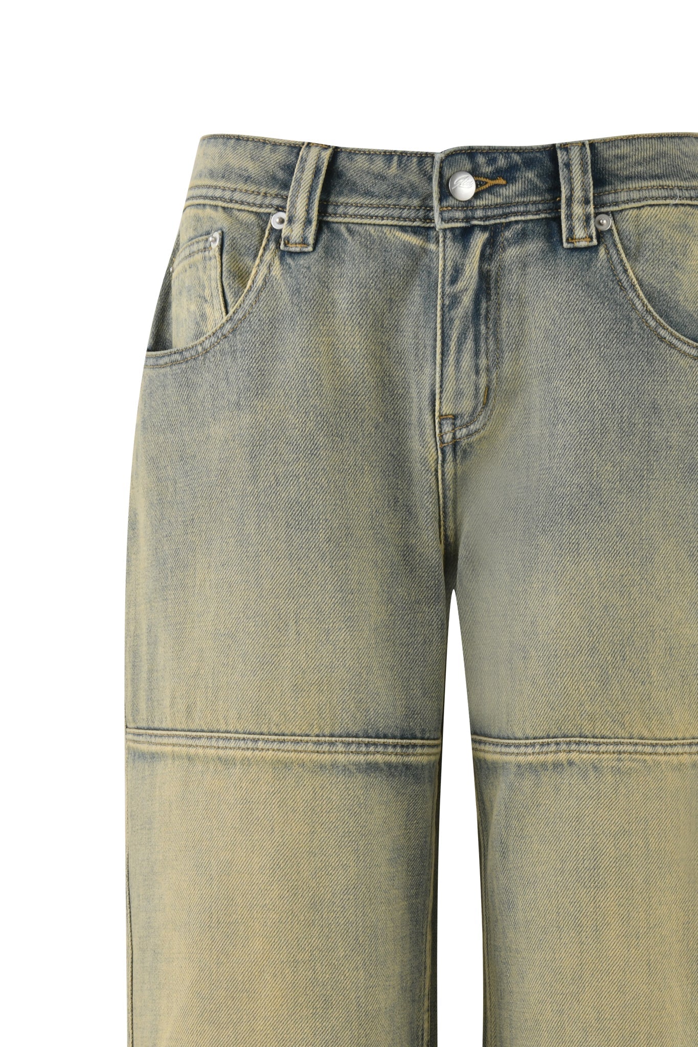 Close-up of the MISTY JEAN - NEUTRAL by I.AM.GIA showcasing their faded, worn look and low-rise waist. These jeans feature pockets, belt loops, and prominent stitching. The rigid denim is a light wash with a yellowish tint, exuding casual sophistication.