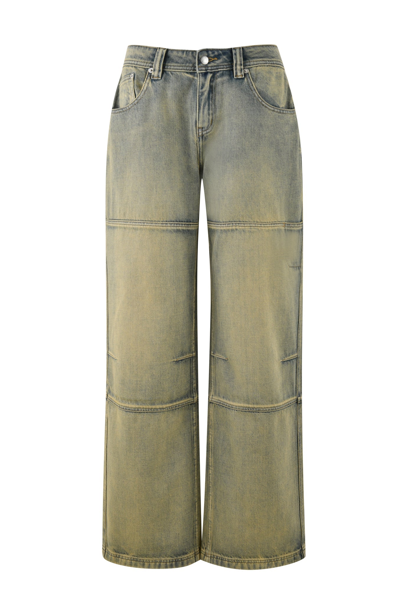 The MISTY JEAN - NEUTRAL by I.AM.GIA features wide-legged, high-waisted denim with a faded effect, crafted from rigid material. It comes with front pockets and a visible button closure, set against a crisp white background.