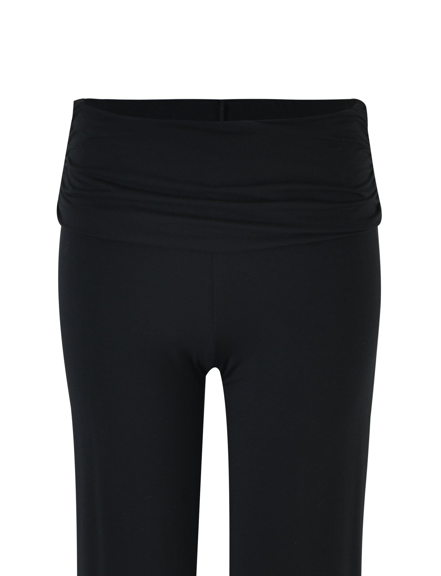 A pair of JANNIS PANT - BLACK by I.AM.GIA featuring a high, ruched waistband against a plain white background. The solid black fabric appears smooth and slightly stretchy, offering a sleek and comfortable fit that epitomizes the I.AM.GIA aesthetic.