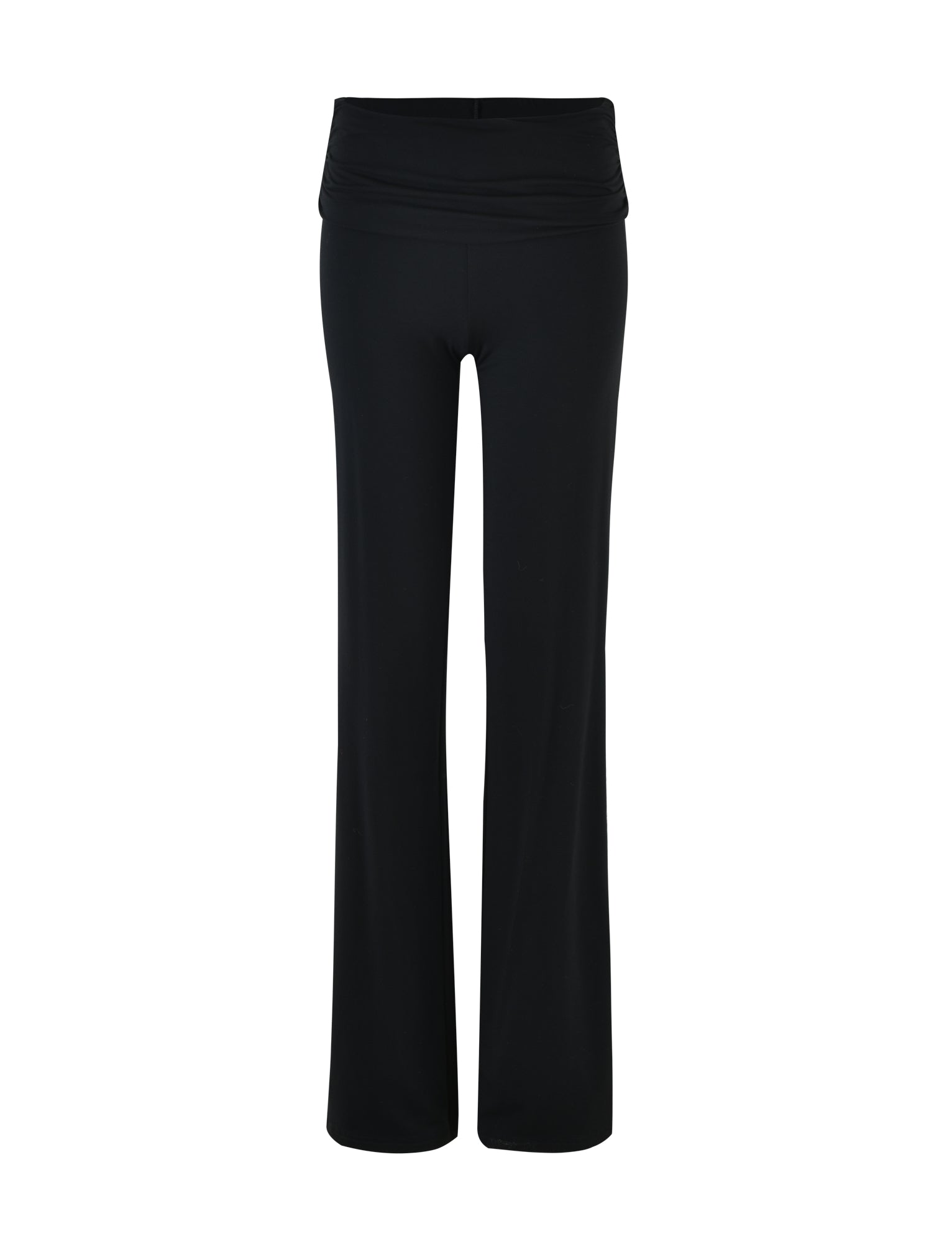 A pair of I.AM.GIA's JANNIS PANT - BLACK : SOLID BLACK, featuring a high-waisted, wide-leg design, displayed against a white background. The smooth and stretchy fabric makes them ideal for both casual and athletic wear.