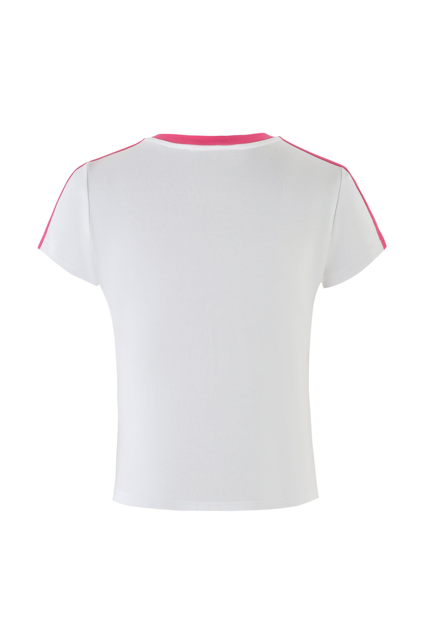 The JENNIE TOP - WHITE : HOT PINK by I.AM.GIA is a white short-sleeved baby tee featuring a pink neckline and pink accents along the shoulders and sleeves, showcased from the back.