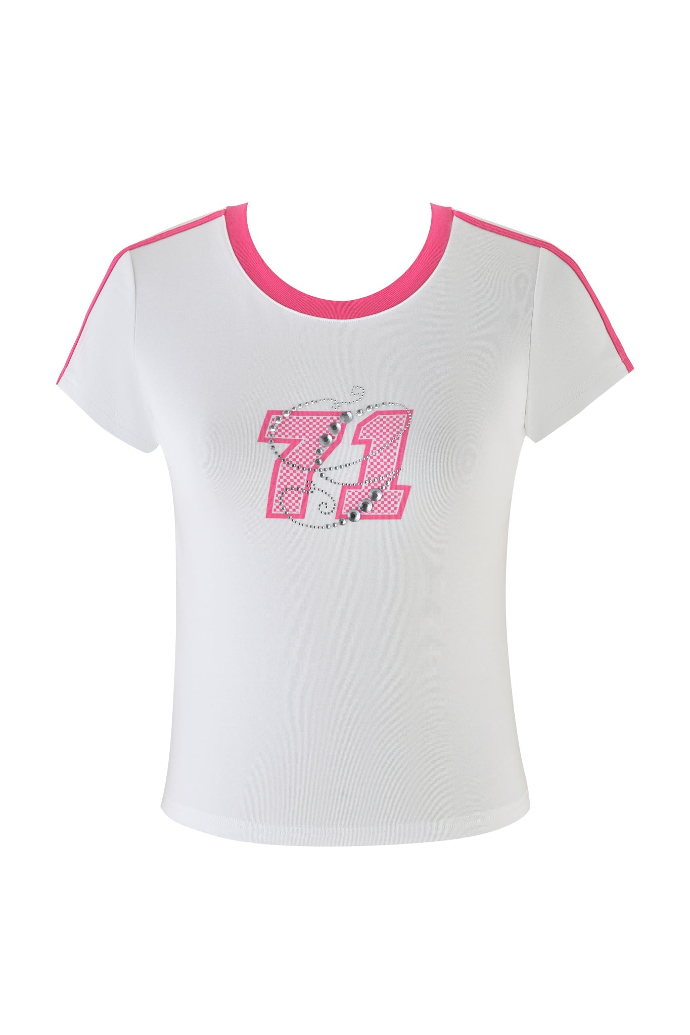 The JENNIE TOP - WHITE : HOT PINK by I.AM.GIA is a white baby tee with hot pink accents on the sleeves and collar, showcasing a custom-printed pink and black patterned number "71" on the front.