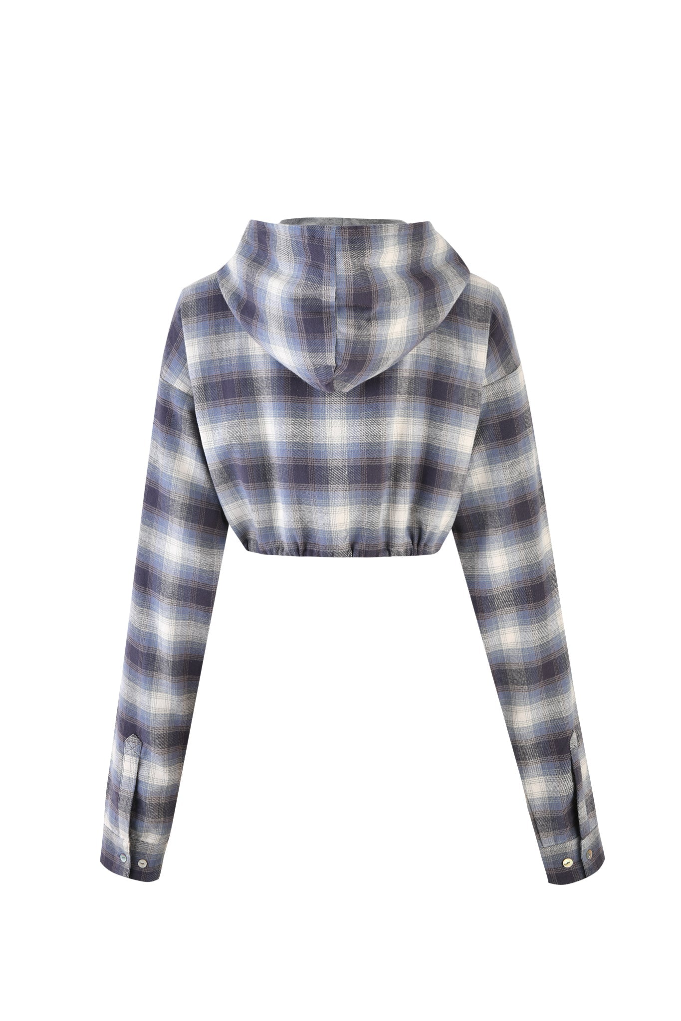 The I.AM.GIA TIFF JACKET - BLUE is displayed from the back, showcasing its blue and gray checkered plaid pattern. This cropped hooded jacket features long sleeves with button cuffs and an elastic waistband for a snug midriff fit.