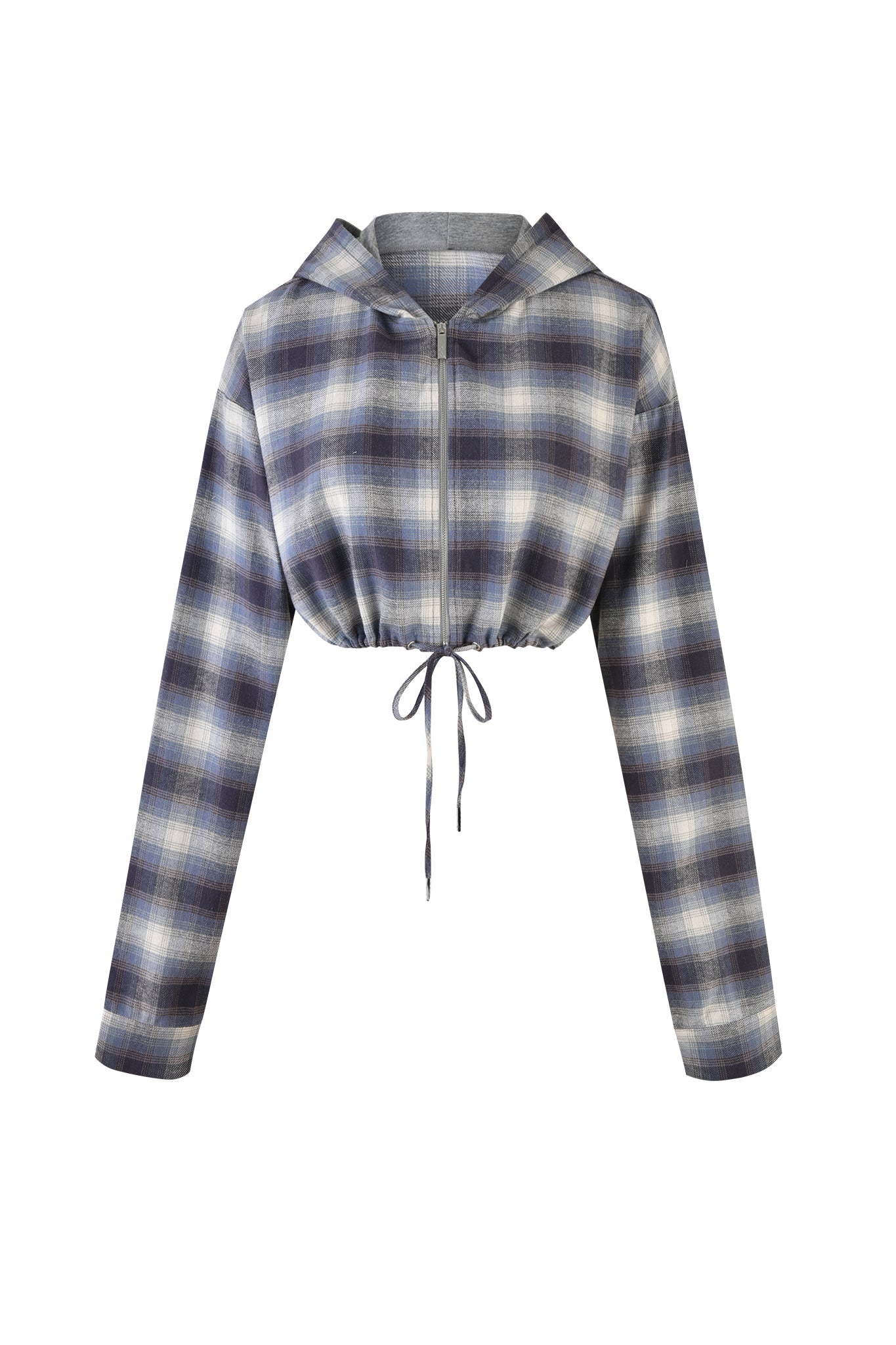 The TIFF Jacket - Blue from I.AM.GIA is a cropped long-sleeve hoodie with a blue, white, and gray plaid pattern. It features a front zipper closure, an adjustable drawstring at the hem, and a hood. This stylish piece perfectly blends comfort and fashion.