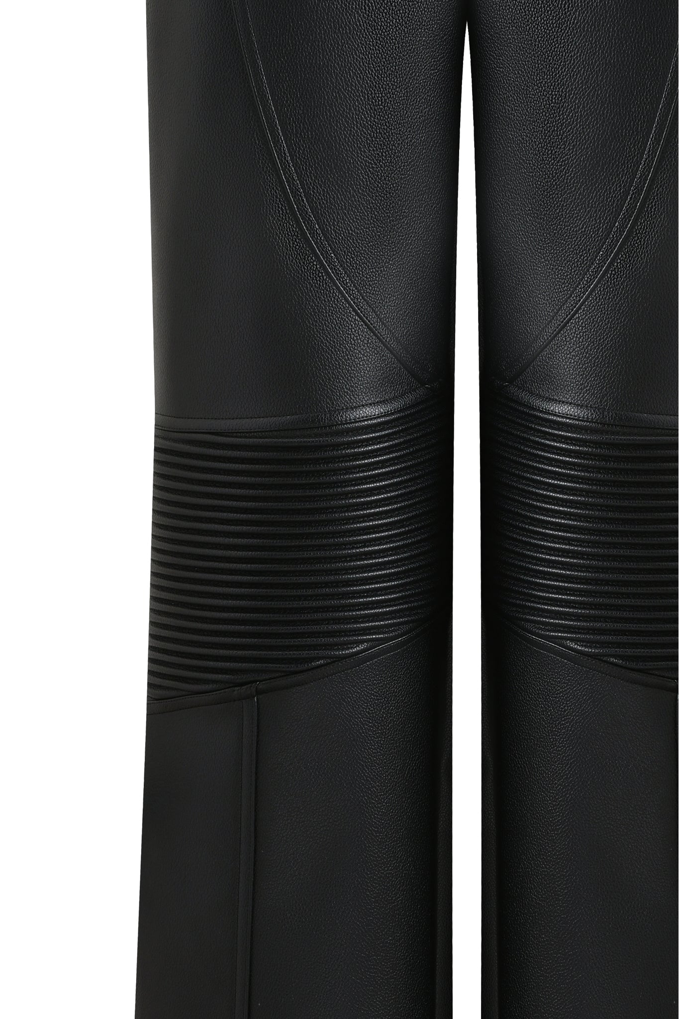 Close-up of the KRISTIE PANT - BLACK by I.AM.GIA, showcasing ribbed horizontal detailing above the knees and smooth panels with visible seam lines.