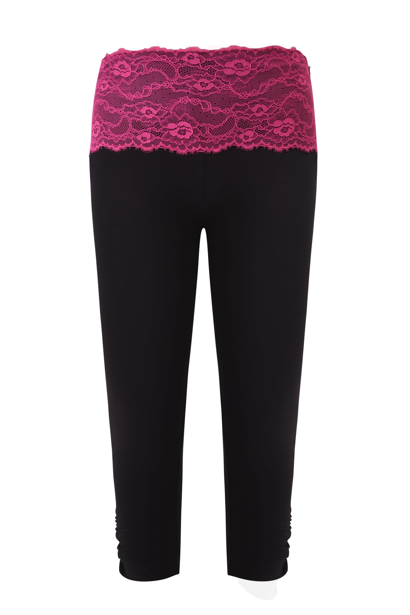 The I.AM.GIA ADELLA CAPRI - FUCHSIA features black bamboo leggings with a vibrant fuchsia lace waistband, bodycon fit, and mid-calf cropped length, shown on a white background for a stylish and comfortable look.