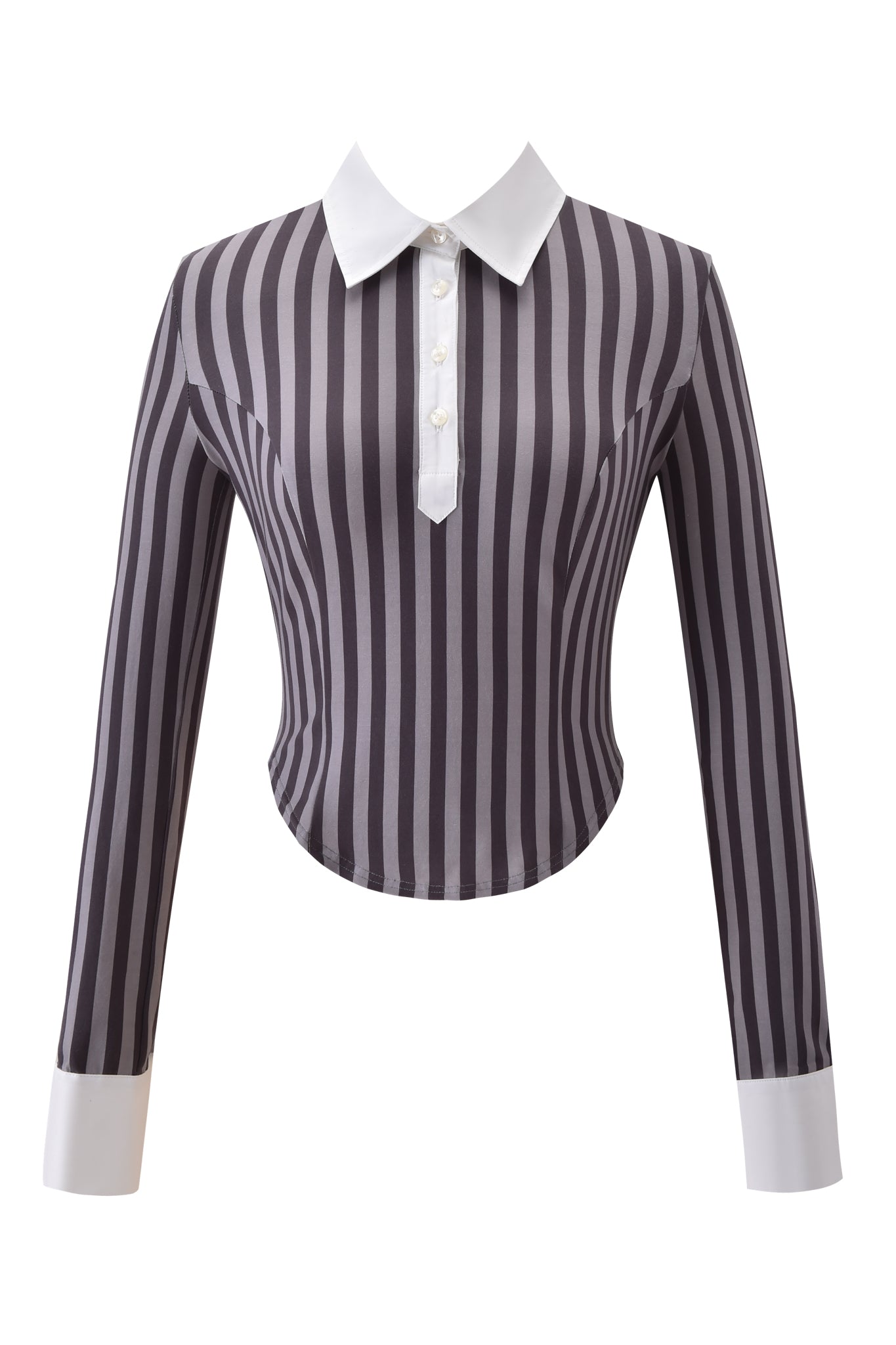 The JULIA TOP - GREY STRIPE by I.AM.GIA features a bodycon fit, long sleeves, vertical black and grey stripes, a crisp white collar, button placket, and elegant cuffs.
