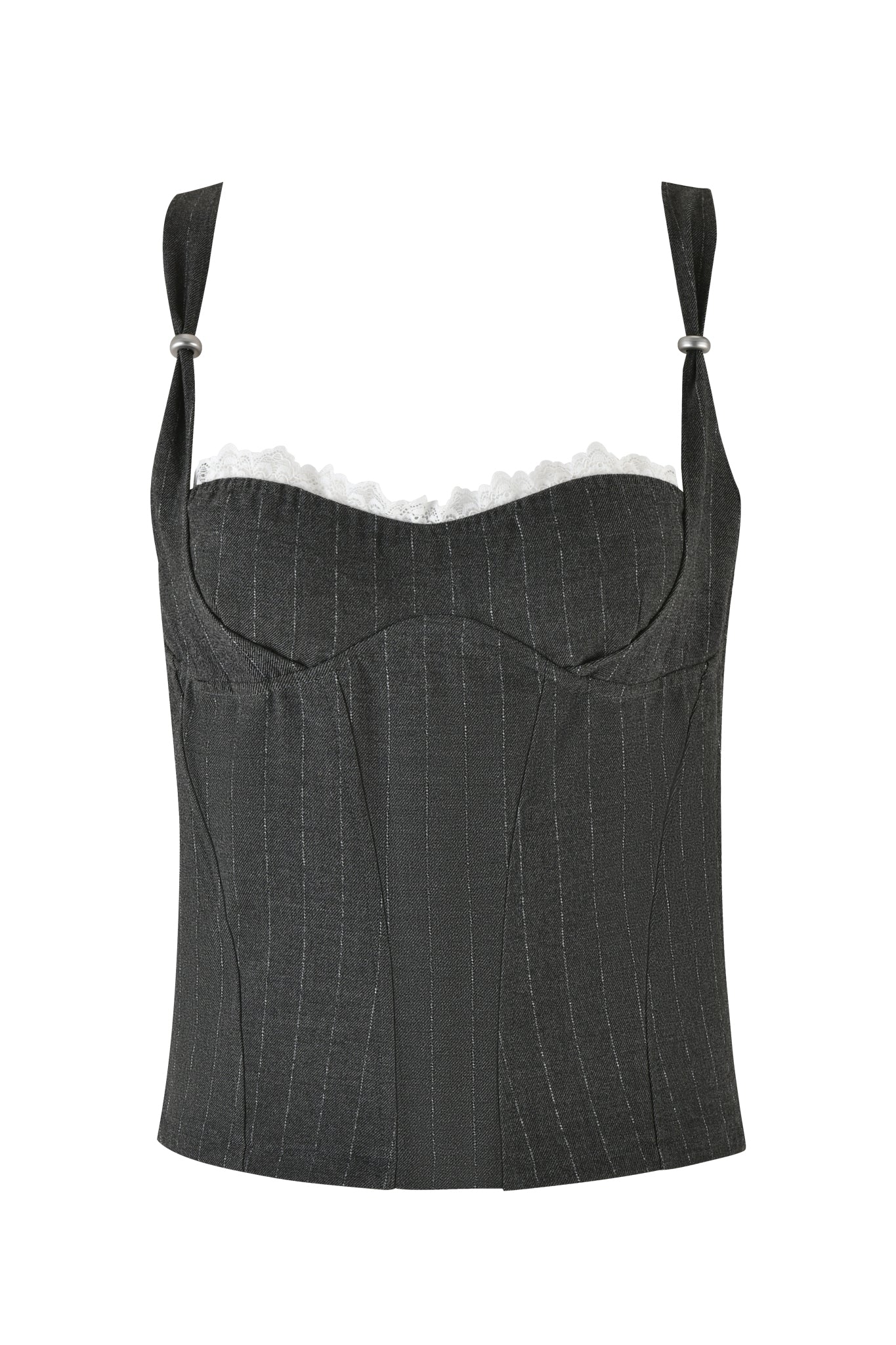 Close-up of the MARRION CORSET - GREY : PINSTRIPE by I.AM.GIA, showcasing its tailored silhouette with a metal ring detail on the strap and intricate scalloped lace trim along the top edge. The dark grey fabric features vertical pinstripes, while the white lace trim has a delicate, scalloped design. The background is plain white.