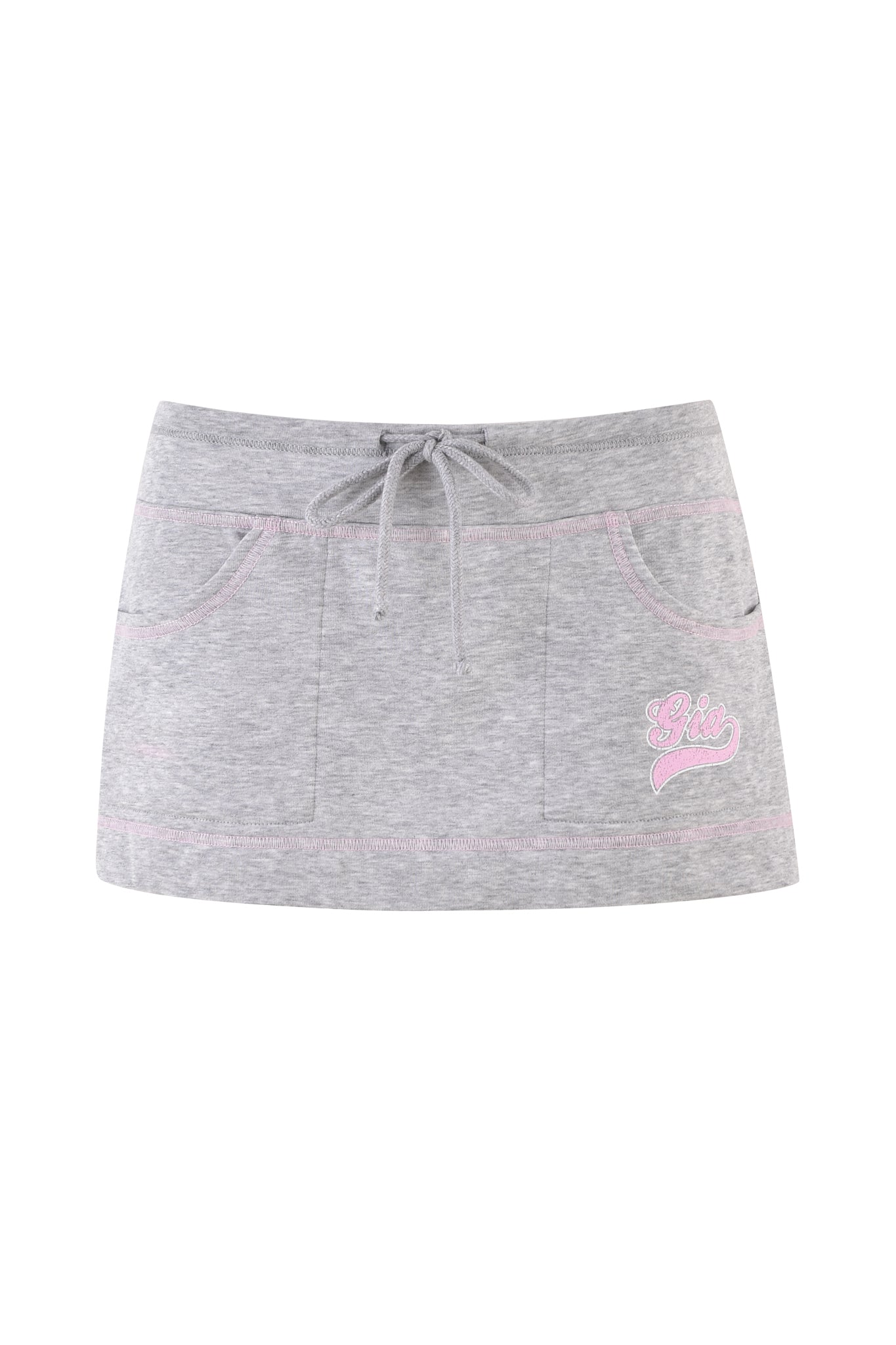 The EZORA SKORT 2.0 - GREY by I.AM.GIA showcases pink stitching and two front pockets, complete with a drawstring waist and pink "Elle" embroidery on the right pocket. With its casual style and low-rise waistline, this gray mini skort seamlessly combines contemporary aesthetics with comfort.