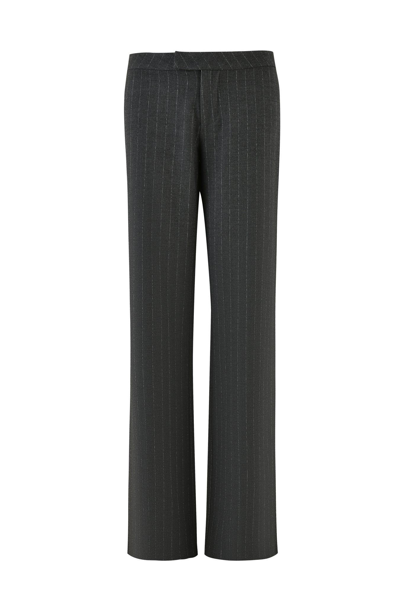 The MARRION PANT - GREY : PINSTRIPE by I.AM.GIA is displayed from the back, showcasing its tailored fit with a straight leg and subtle vertical lines. It features a smooth waistband and two back pockets, designed with a low-rise waist for modern sophistication.
