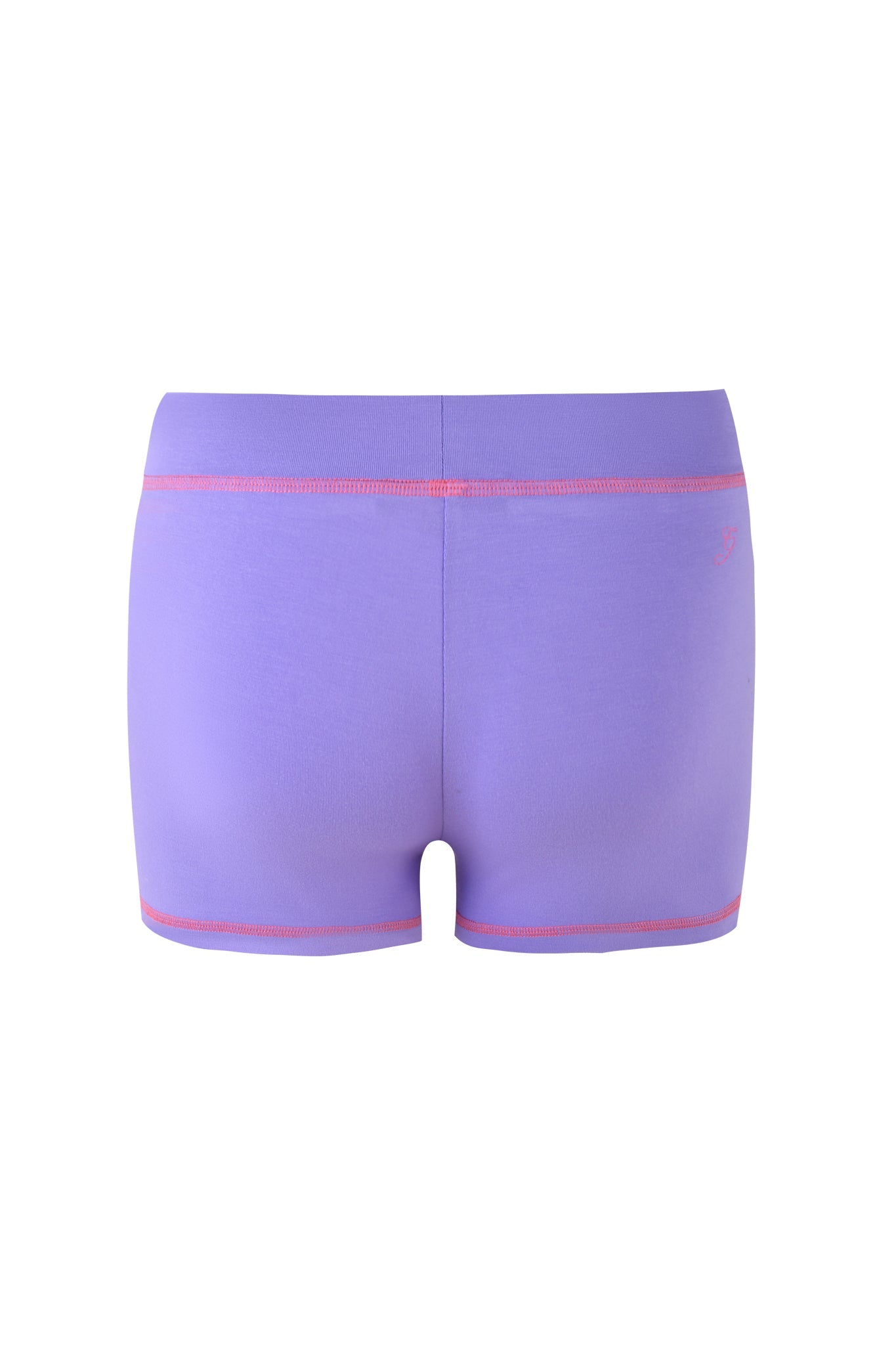 The BLARE SHORT - PURPLE by I.AM.GIA features a vibrant colorway, made from stretchy bamboo jersey with a high waistband and pink stitching accents, all displayed on a plain white background.