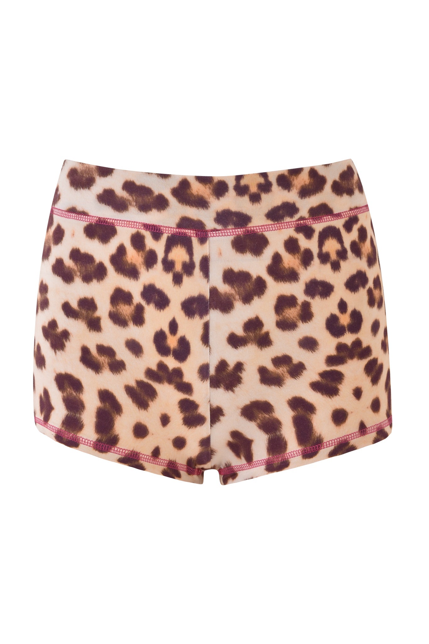 The BLARE SHORT from I.AM.GIA's Neutral Leopard Wild Card collection features an eye-catching leopard print with dark brown and black spots on a lighter beige fabric, complemented by pink stitching on a white background and the iconic I.AM.GIA logo.