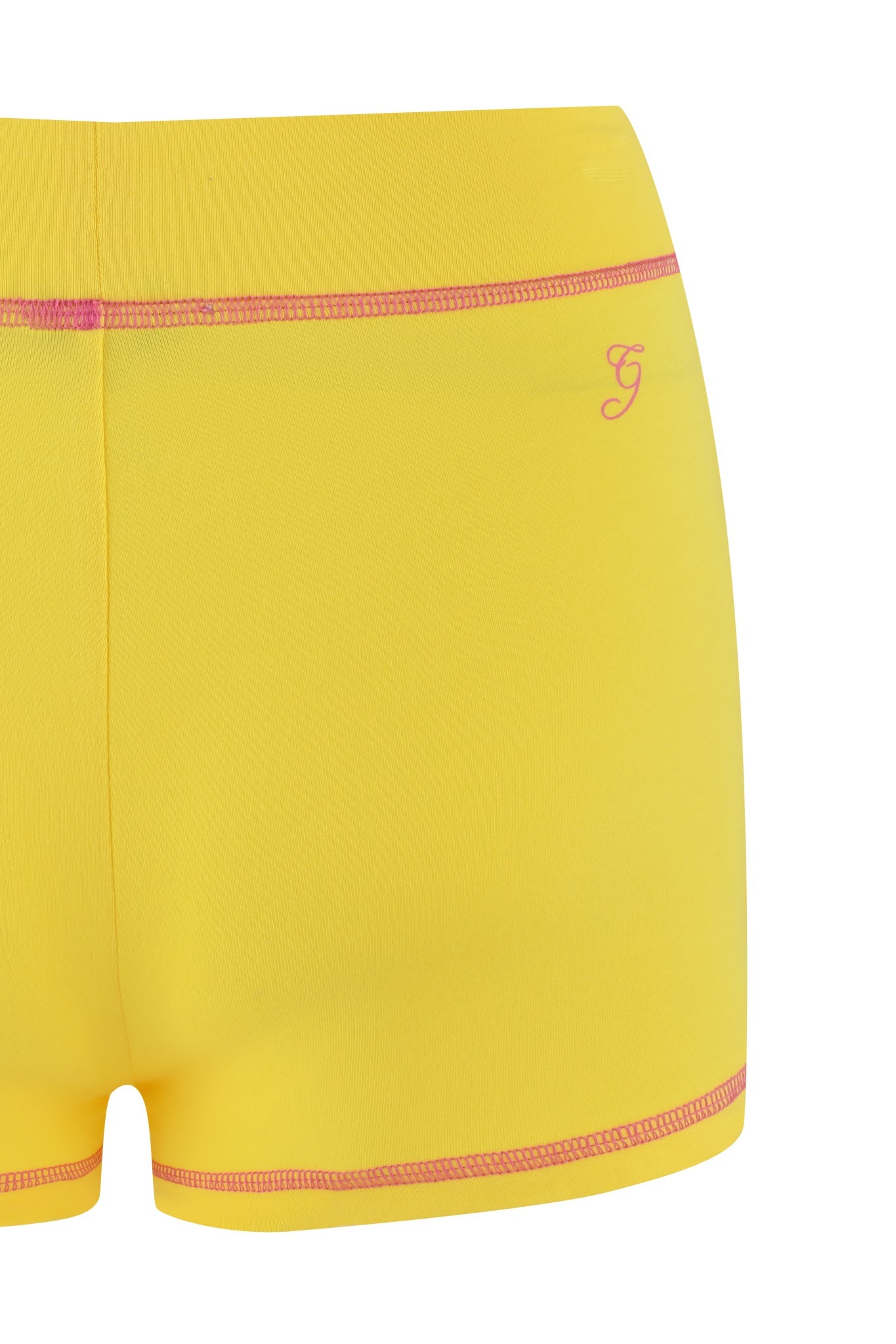The BLARE SHORT - LEMON by I.AM.GIA features stretchy bamboo fabric, a mid-rise waist, pink stitching, and a small pink letter "G" on the side.
