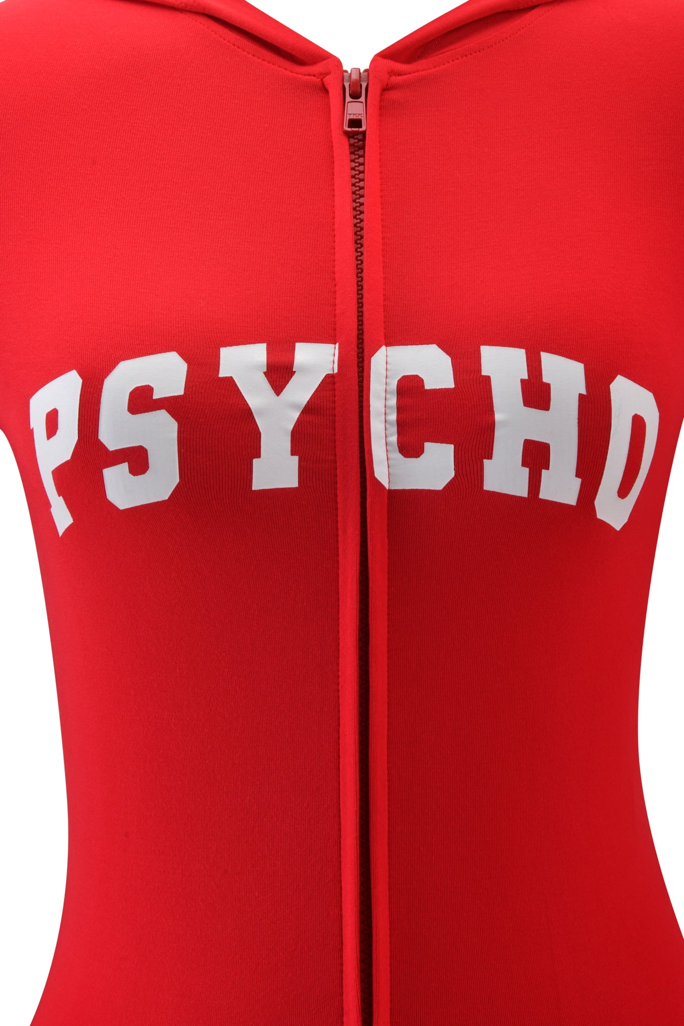 Close-up of the I.AM.GIA BLARE HOODIE - RED : PSYCHO : SALSA, showing its bold "PSYCHO" print in white capital letters across the chest and a front zipper.