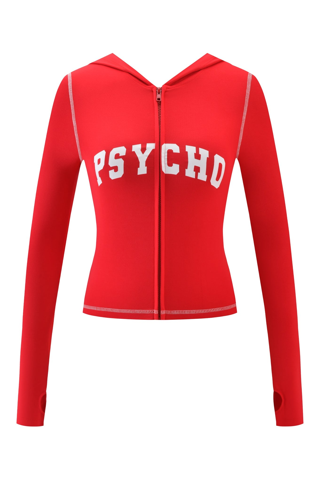 The I.AM.GIA BLARE HOODIE - RED : PSYCHO : SALSA features bold white "PSYCHD" lettering, a zip-up front, hood, long sleeves with thumb holes, and visible seams for a sporty, bodycon look.