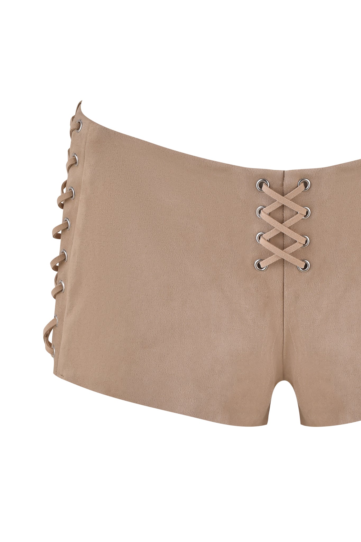 The RAMONA SHORT - BEIGE : TAN by I.AM.GIA are beige faux suede shorts with a bodycon fit, side lace-up details, eyelets, and a decorative front crisscross lace pattern.